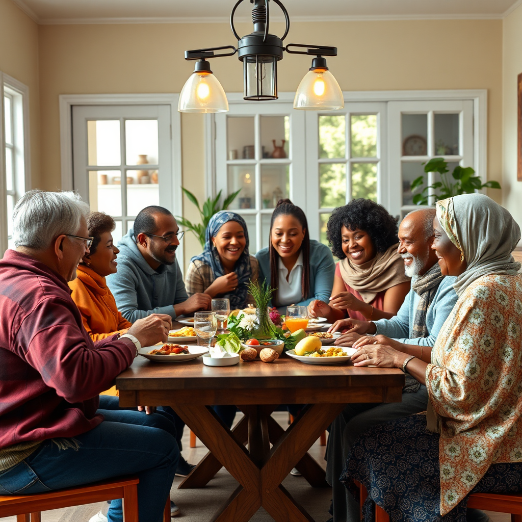 A group of people from different ethnic backgrounds sharing a meal together, laughing and connecting. The setting is a welcoming home or community center, symbolizing unity and understanding. 4K resolution, photorealistic.