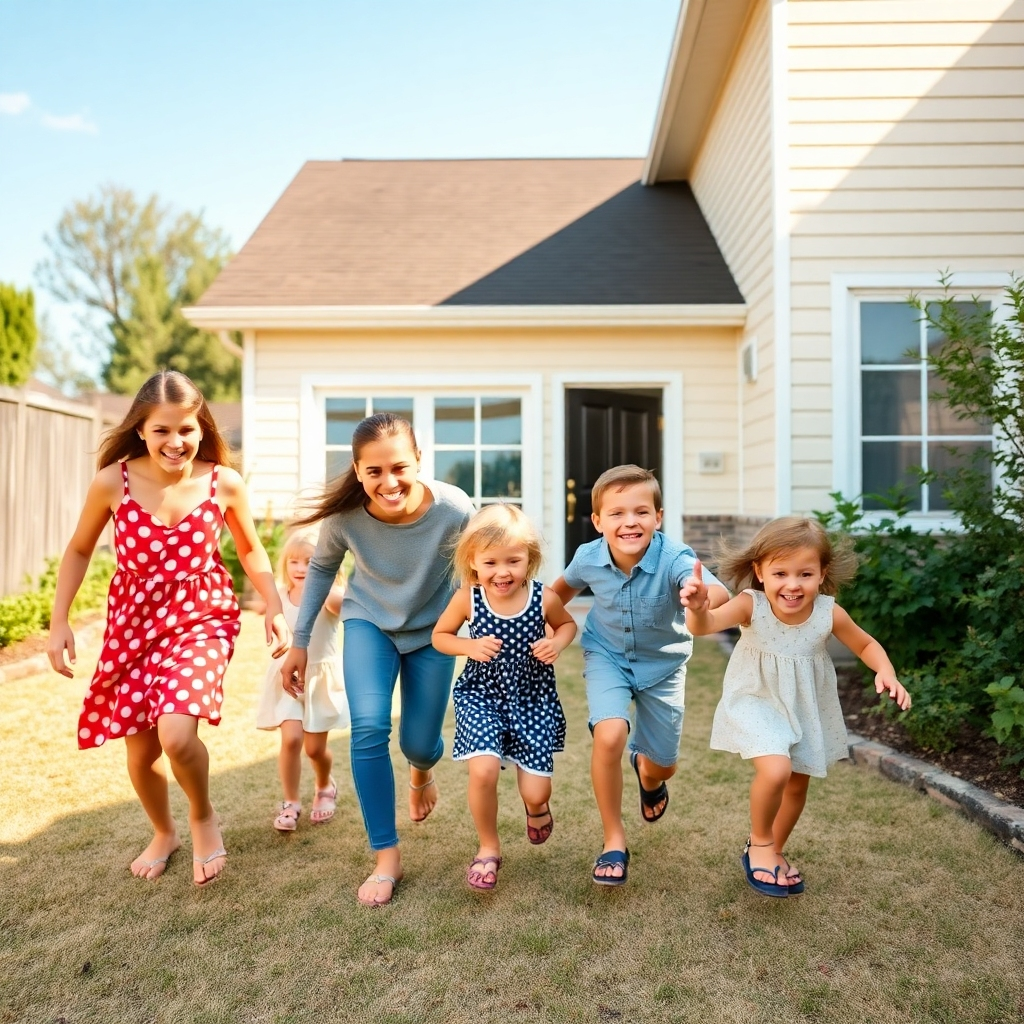 A happy family playing in a sunlit backyard. The home is visible in the background, subtly suggesting it is clean and well-maintained. Style: Warm and inviting, emphasizing the joy of spending quality time together. Camera angle: Wide shot, capturing the entire family and the outdoor setting.