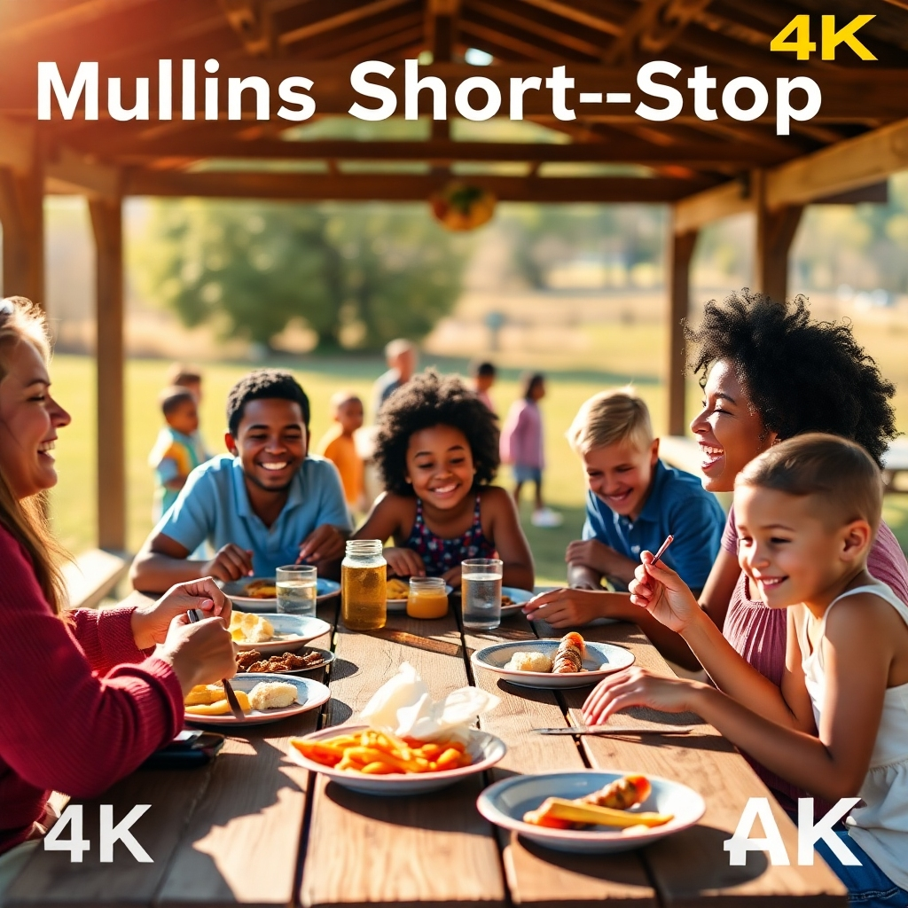 A heartwarming 4K image showcasing a diverse family laughing and enjoying their meal at a picnic table at Mullins Short-Stop. The scene is filled with warm sunlight and happy expressions. In the background, there are children playing games. Camera angle: medium shot, capturing the family's interaction. Style: realistic and joyful, highlighting the sense of community and togetherness.