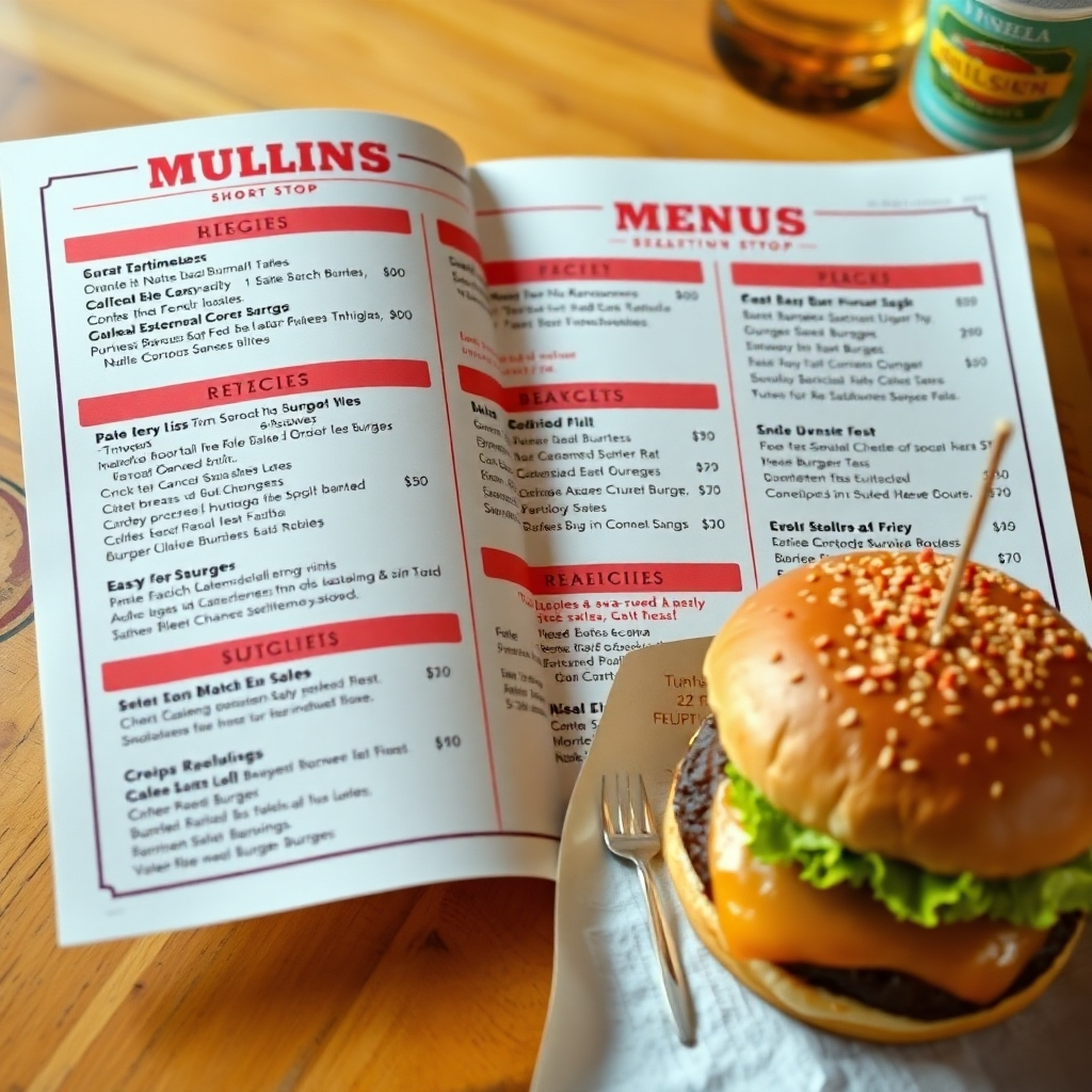 A high-angle shot of an open menu at Mullins Short-Stop, highlighting the burger selection with enticing descriptions and prices. A burger sits next to the menu for visual reference. 4k resolution.