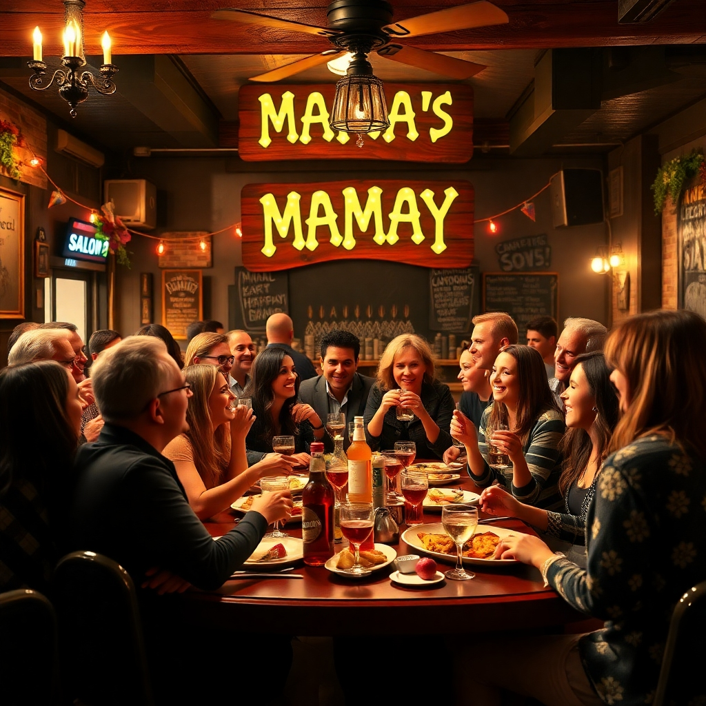 A large group of friends celebrating a special occasion at Mama's Saloon. The group is laughing, talking, and enjoying food and drinks together. The restaurant is decorated for the occasion, creating a festive atmosphere. Capture the energy and excitement of the celebration. Photorealistic, 4k resolution.