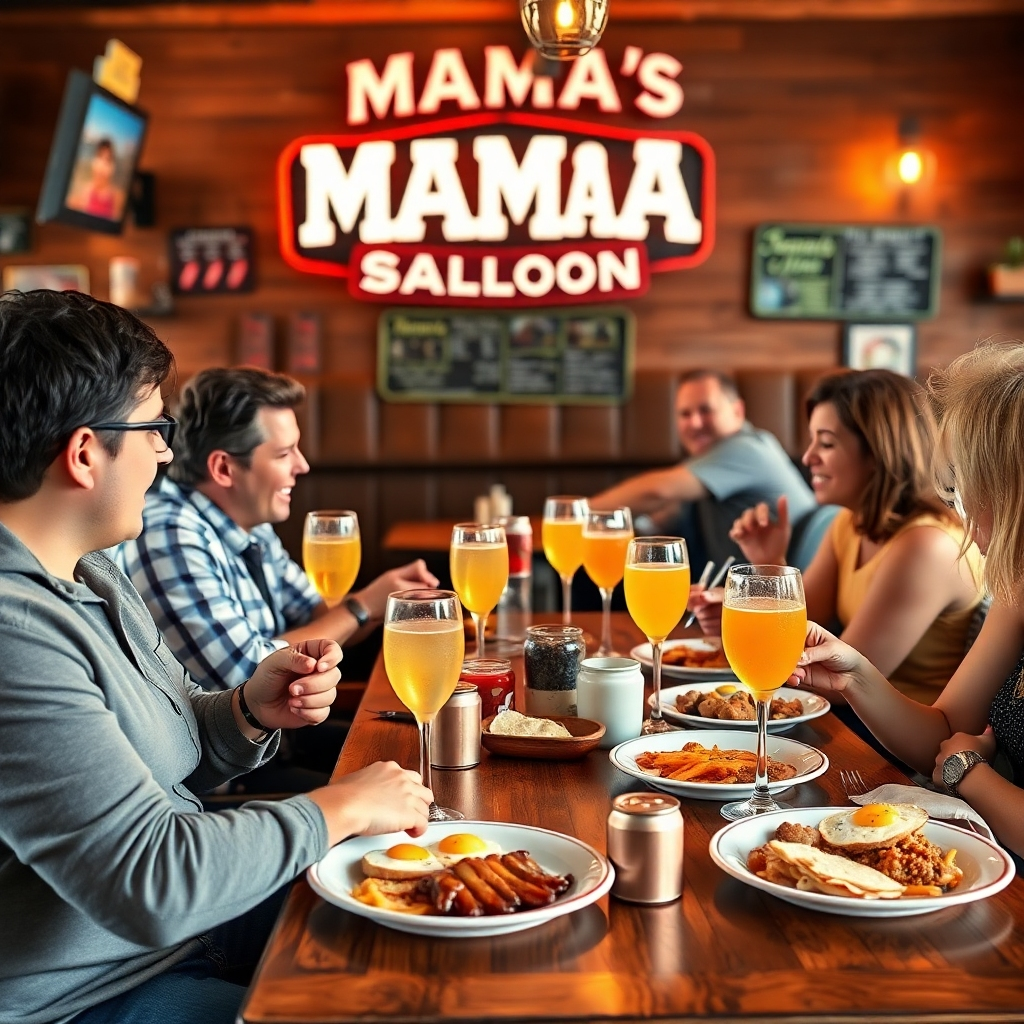 A leisurely weekend brunch scene at Mama's Saloon. Families and friends are enjoying a relaxed brunch, with mimosas and breakfast dishes on the table. Capture the relaxed and social atmosphere of a weekend brunch. Photorealistic, 4k resolution.