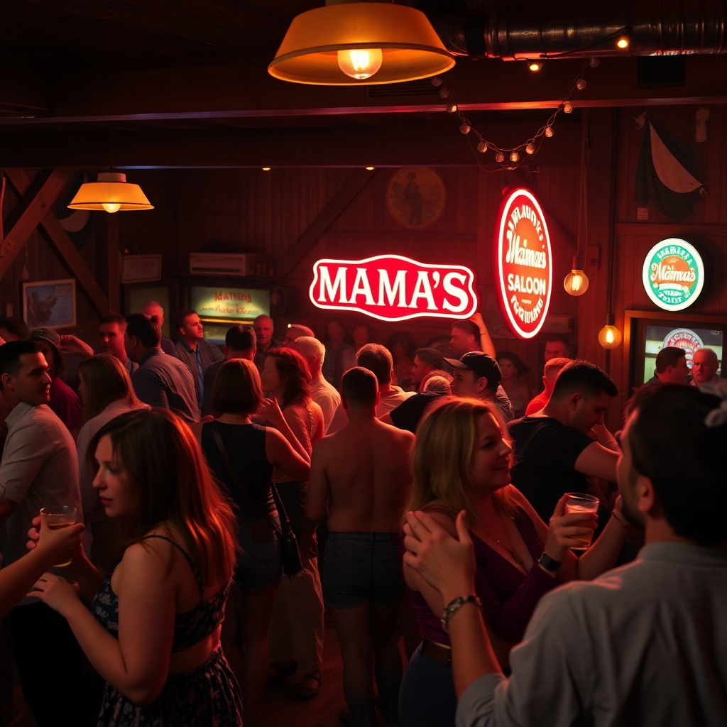 A lively late-night scene at Mama's Saloon. People are dancing, drinking, and having a good time. Capture the energy and excitement of a late-night party. Photorealistic, 4k resolution.