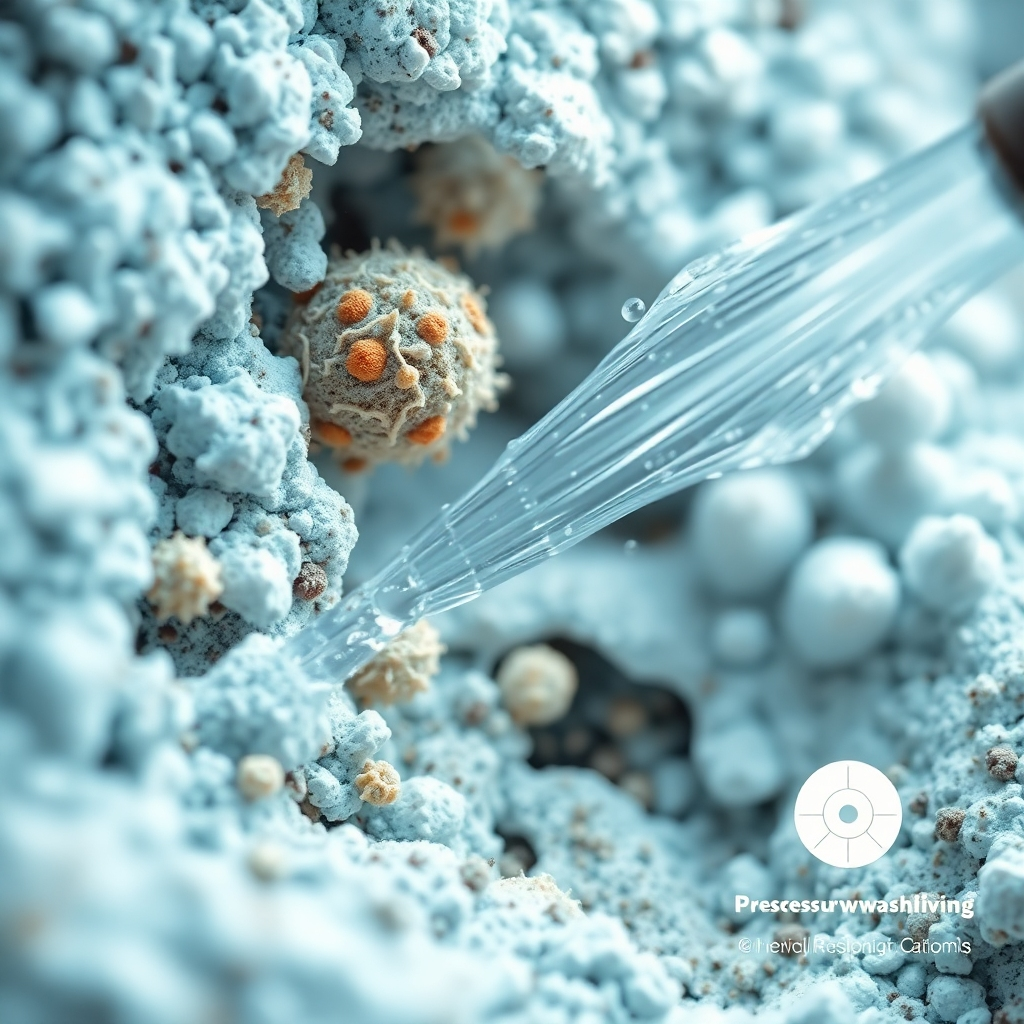 A microscopic view of mold, mildew, and allergens being eradicated by a pressure washing water stream. The image should highlight the cleaning action and the removal of harmful contaminants. The color palette should be clean and sterile, with a focus on whites and blues. Use scientific imagery and diagrams to convey the message of health and hygiene. The overall feel should be reassuring and informative, emphasizing the benefits of pressure washing for promoting a healthier living environment.