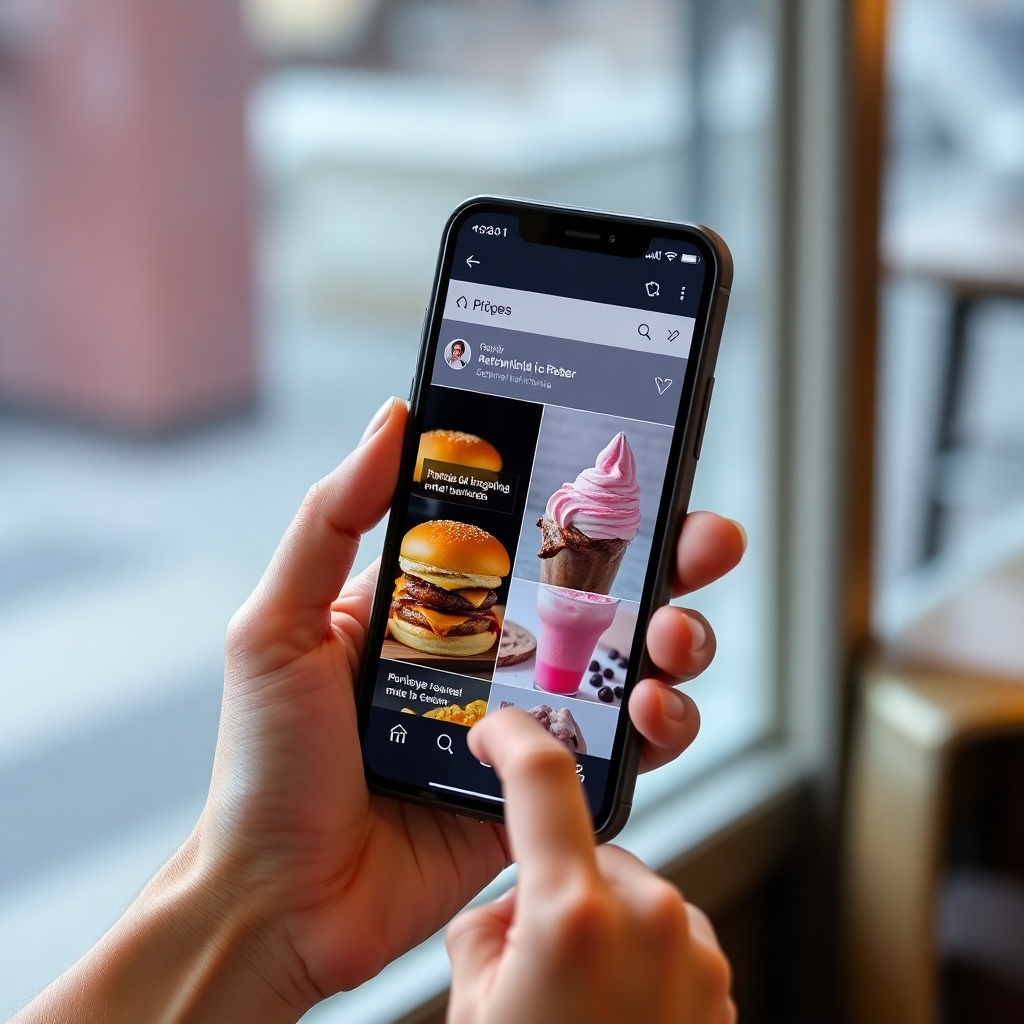 A phone in someone's hand, scrolling through social media posts related to burgers and ice cream. Shot with realistic lighting and in 4k resolution to showcase detail.