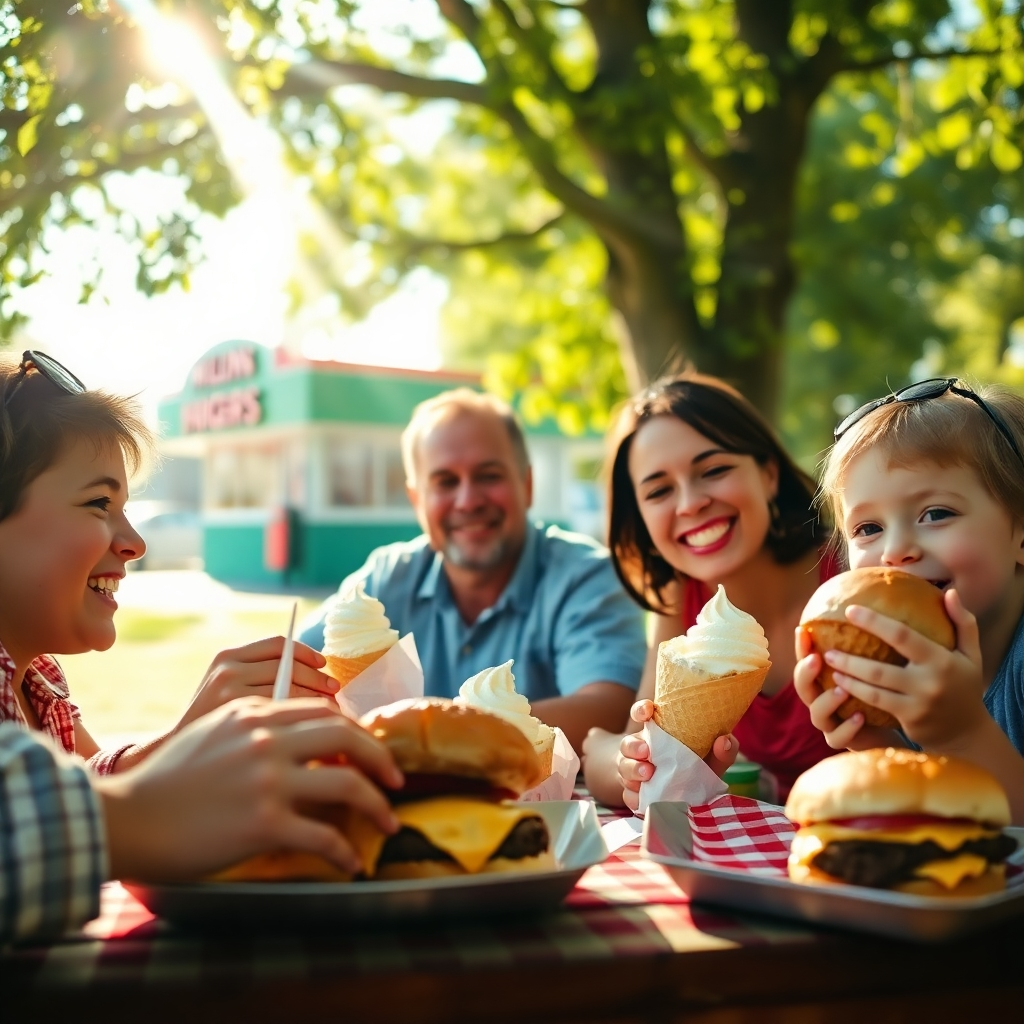A photorealistic 4K image capturing the heart of Mullins Short-Stop. The scene shows a close-up of a smiling family enjoying burgers and ice cream at a picnic table. The focus is on their expressions of joy and connection. Sunlight streams through the leaves of a nearby tree, dappling the scene with light and shadow. In the background, a glimpse of the Mullins Short-Stop drive-up window. Colors are warm and inviting. Camera angle: eye-level, focusing on the family interaction. Style: realistic with a touch of warmth, evoking a sense of nostalgia and happiness. Props include a checkered picnic blanket, overflowing ice cream cones, and juicy burgers.