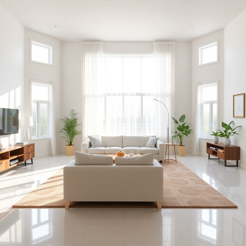A photorealistic image of a spotless living room with sunlight streaming through the windows. The furniture is neatly arranged, and the surfaces are sparkling clean. Style: Clean and inviting, emphasizing the freshness and order of the space. Camera angle: Wide shot, capturing the entire room and showcasing the overall cleanliness.