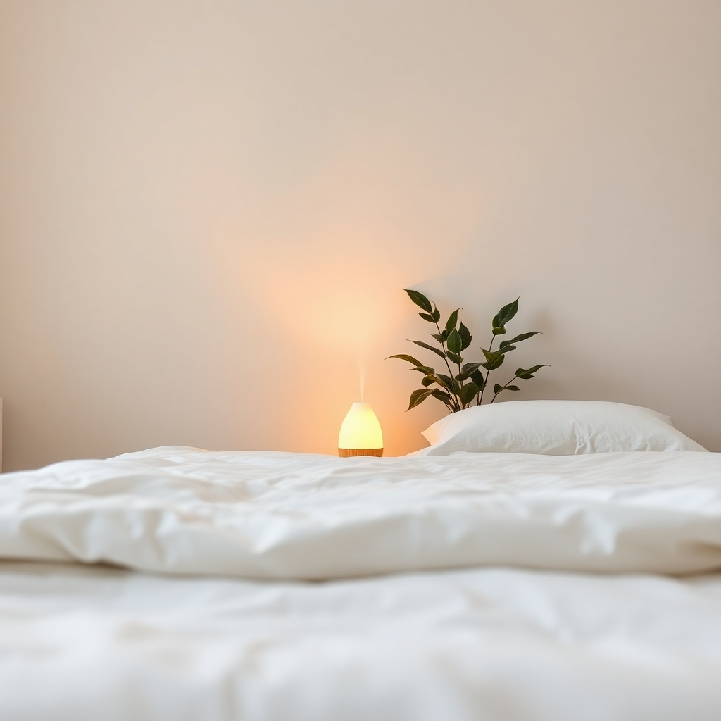 A serene bedroom with soft lighting, featuring freshly made bed, a diffuser emitting a gentle mist, and a plant. The overall feeling is one of calm and relaxation. Style: Minimalist and calming, using soft colors and natural textures to create a sense of peace. Camera angle: Eye-level, emphasizing the comfort and tranquility of the space.