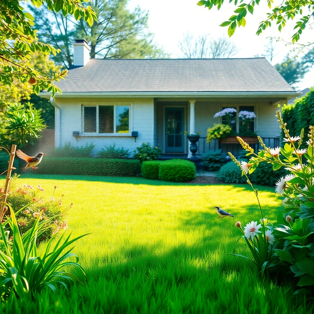  A serene scene featuring a lush green lawn and garden surrounding a clean, sparkling home. A gentle mist of water is visible, indicating a pressure washing process that is safe and eco-friendly. The color palette should be vibrant and natural, with a focus on greens, blues, and whites. The lighting should be soft and diffused, creating a sense of tranquility and harmony with nature. Include elements such as birds, flowers, and healthy plants to reinforce the message of environmental responsibility. The overall feel should be positive and reassuring, conveying the benefits of eco-friendly pressure washing.
