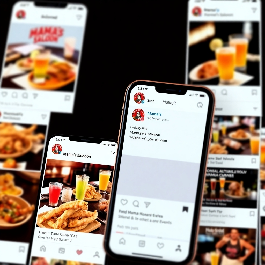 A social media feed showcasing Mama's Saloon's latest posts. The posts feature images of food, drinks, events, and promotions. Capture the vibrancy and engagement of social media. Photorealistic, 4k resolution.