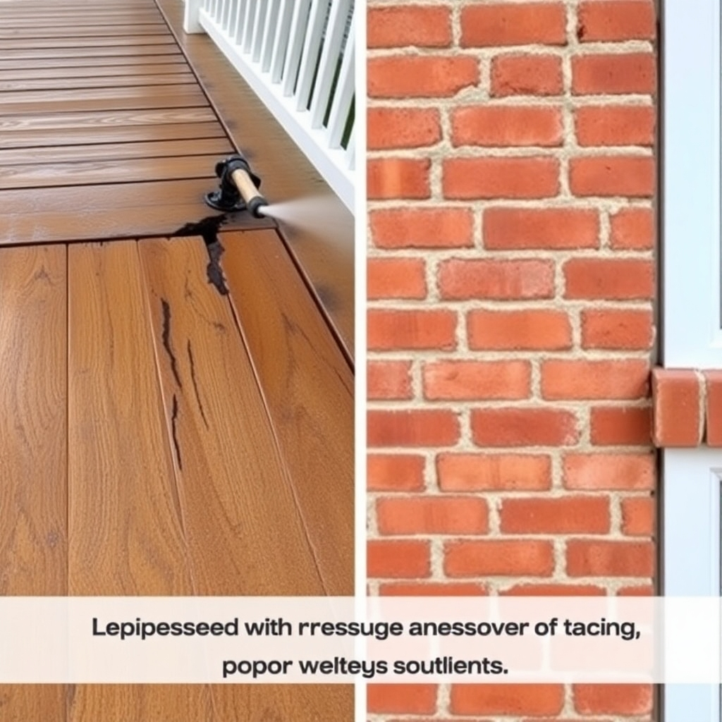  A split-screen image demonstrating the impact of incorrect pressure settings on different surfaces. On one side, a damaged wooden deck with splintering and gouges caused by excessive pressure. On the other side, a properly cleaned brick wall with no signs of damage. The color palette should be contrasting, with the damaged side appearing dull and the clean side appearing vibrant. Use high-resolution photography to capture the texture and detail of both surfaces. The lighting should be balanced, highlighting the differences in appearance. The overall message should be educational, emphasizing the importance of professional pressure washing services.