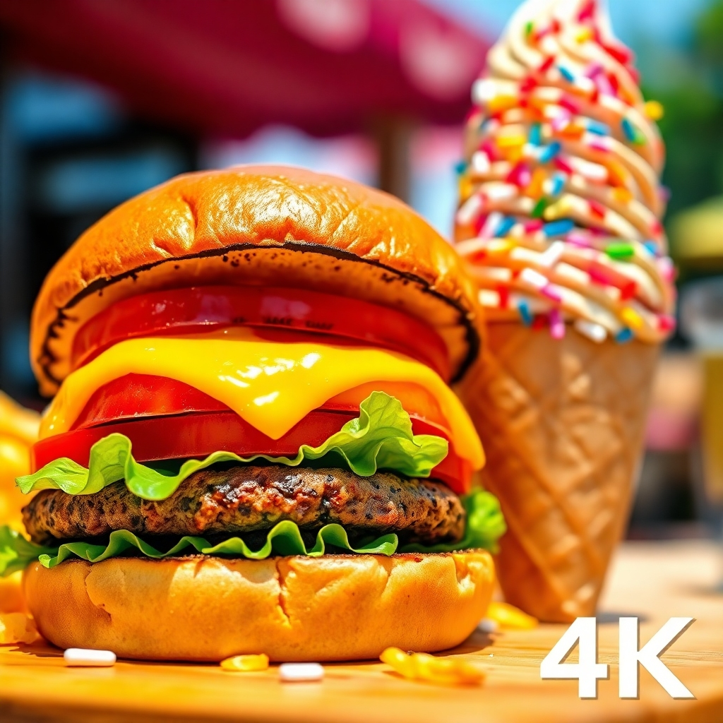 A vibrant, mouth-watering 4K image featuring a close-up of a perfectly grilled burger with melted cheese, crisp lettuce, and juicy tomato slices next to a towering ice cream cone with colorful sprinkles. The background is blurred, hinting at a sunny outdoor setting. Lighting is bright and appetizing. Camera angle: close-up, emphasizing the textures and colors of the food. Style: photorealistic, focusing on the deliciousness of the burger and ice cream.