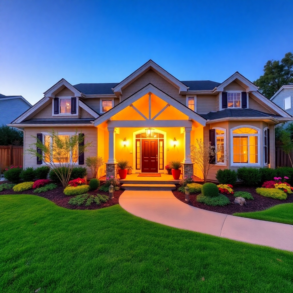 A wide-angle shot of a beautifully cleaned and maintained home, showcasing its enhanced curb appeal. The home should be surrounded by a well-manicured lawn, vibrant landscaping, and inviting outdoor spaces. The color palette should be bright and cheerful, with a focus on natural tones and vibrant accents. The lighting should be warm and inviting, creating a welcoming atmosphere. The overall feel should be aspirational and inspiring, demonstrating the benefits of pressure washing for enhancing a home's appearance and value.