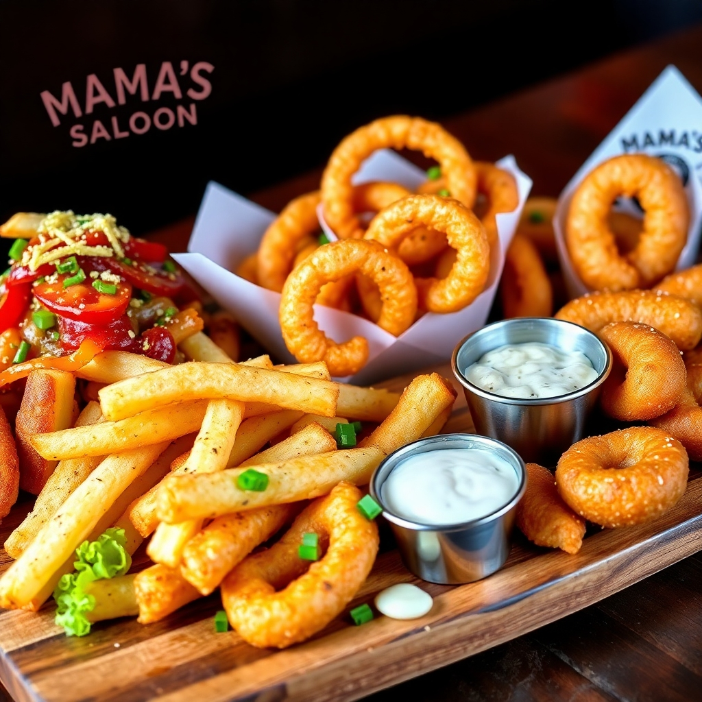 An appetizing arrangement of various appetizers offered at Mama's Saloon, such as loaded fries, onion rings, and mozzarella sticks. The food is arranged artfully on a wooden platter. Capture the vibrant colors and textures of the appetizers. Photorealistic, 4k resolution.