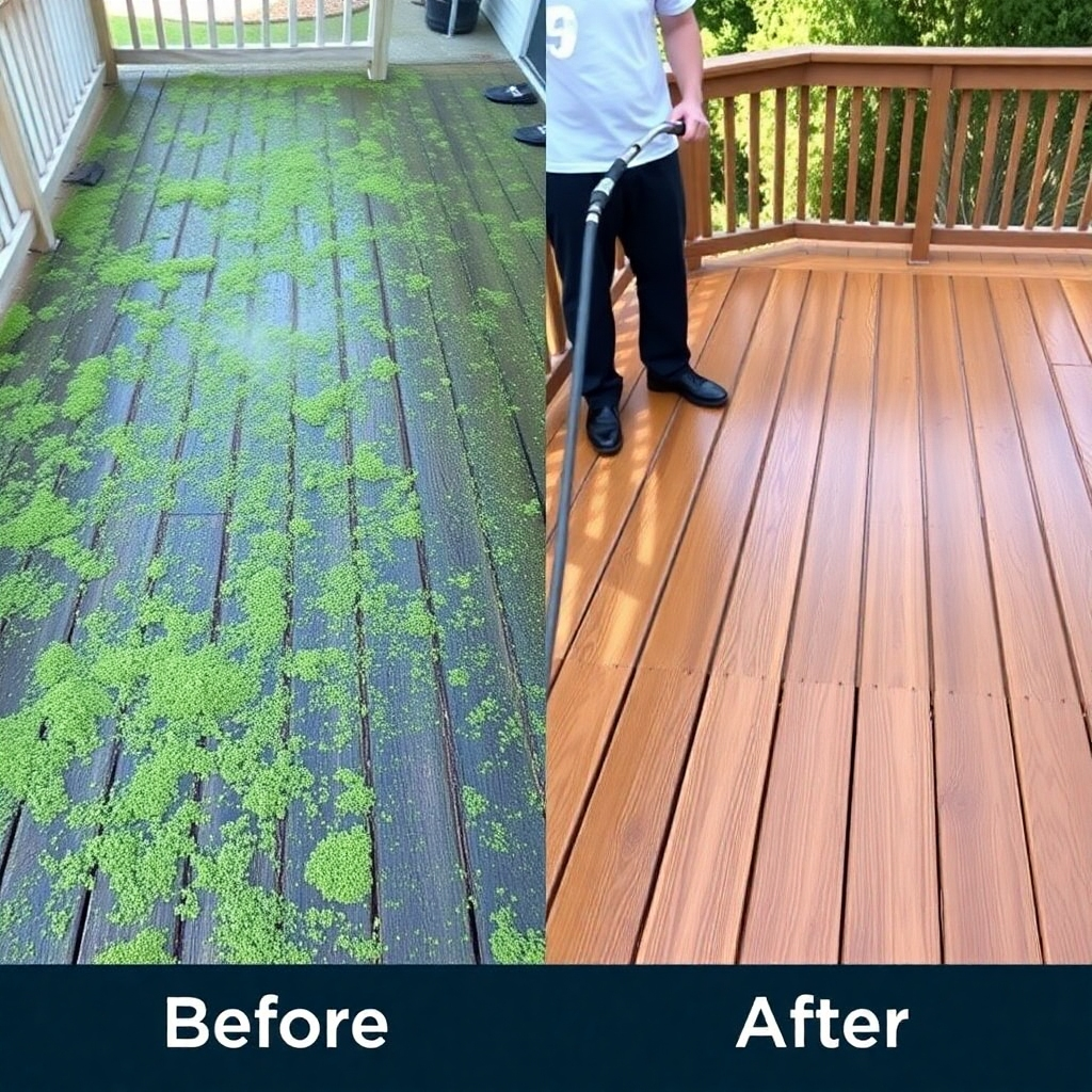 An image of a wooden deck covered in algae and moss. Half of the deck has been pressure washed revealing the clean, natural wood. A person is pressure washing the other half. The scene depicts a clear before and after.