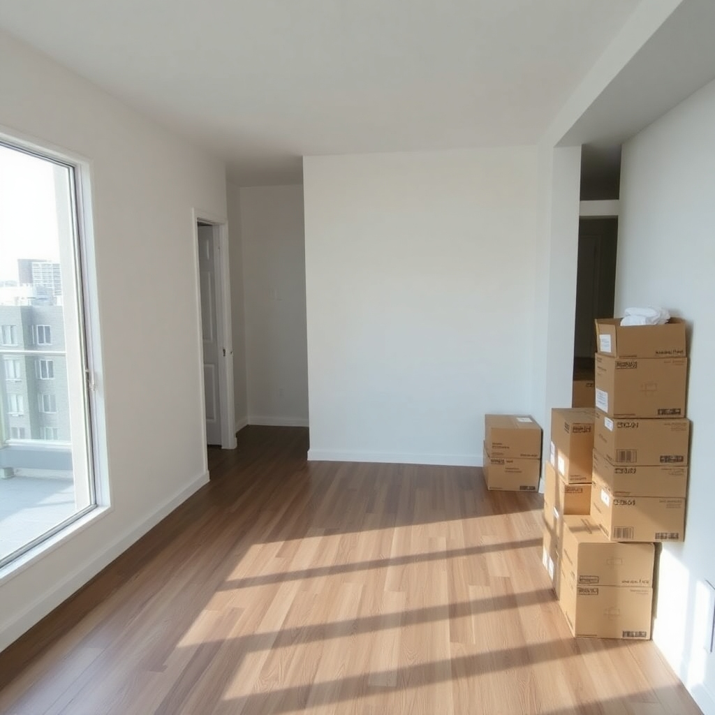 An image of an empty apartment being cleaned, with boxes stacked neatly in the corner. The scene conveys the preparation and thoroughness of the move-in/out cleaning service. Style: Practical and efficient, emphasizing the readiness of the space. Camera angle: Wide shot, capturing the entire apartment and showcasing the overall cleanliness.