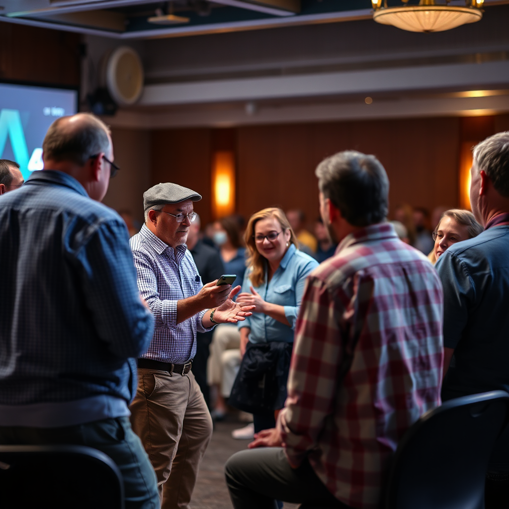 Attendees actively participating in a ministry workshop, engaged in a small group exercise. The atmosphere is energetic and collaborative, with a focus on practical application. 4K resolution, photorealistic.