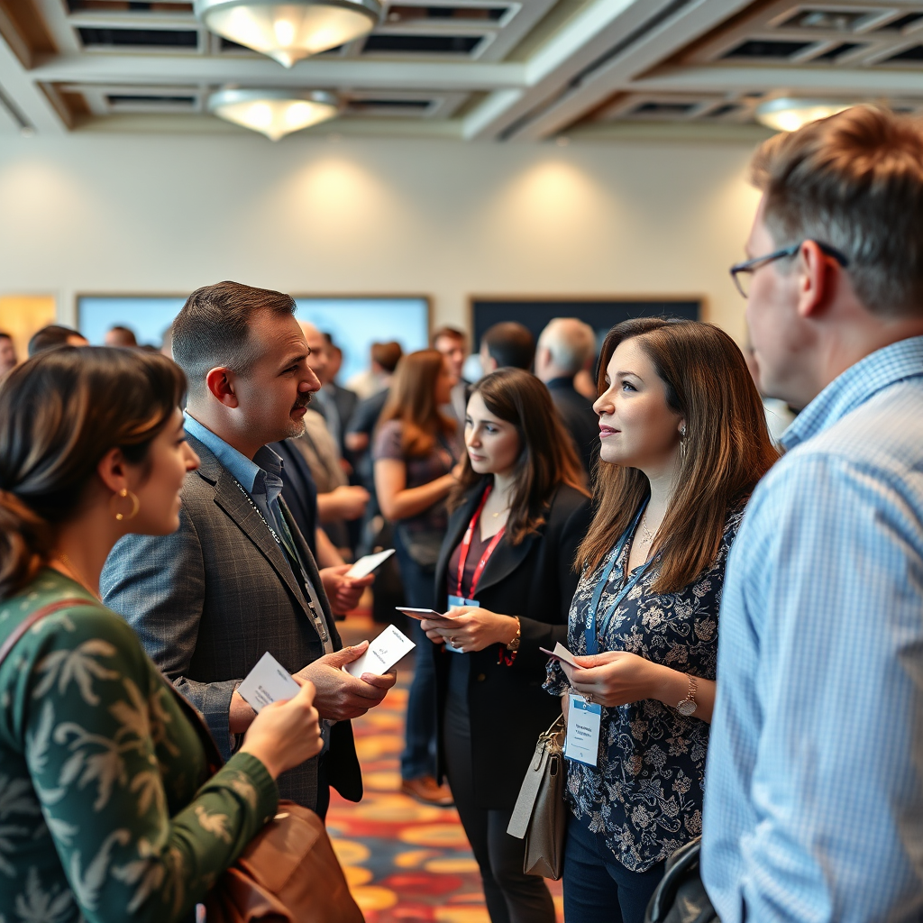 Attendees networking at a ministry conference, exchanging business cards and engaging in conversation. The atmosphere is professional and friendly, with a focus on connection and collaboration. 4K resolution, photorealistic.