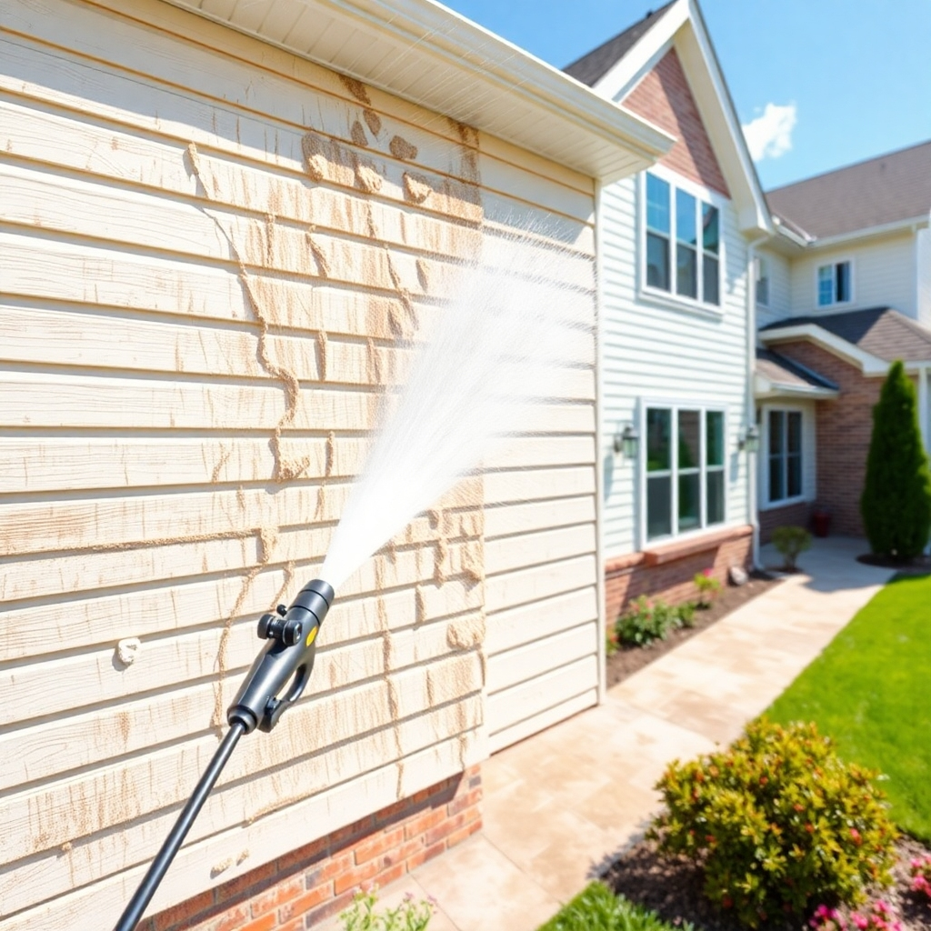 Capture an ultra-high-resolution, photorealistic scene of a pristine home exterior being expertly pressure washed. The composition should feature a clear before-and-after contrast, with one half of the siding sparkling clean and the other showing accumulated dirt and grime. A professional pressure washer operator is visible, wielding a modern pressure washing wand, with water spraying in a controlled and powerful stream. The lighting should be bright and sunny, highlighting the clean surfaces and creating a sense of freshness. The color palette should be vibrant, with the clean siding showcasing its original color. Use a wide-angle lens to capture the entire house and surrounding landscape, which should include a well-maintained lawn and garden. Add texture details to the siding, brickwork, and roofing to enhance realism. The overall feel should be clean, professional, and inviting. Aim for 8K resolution with hyperrealistic detail.