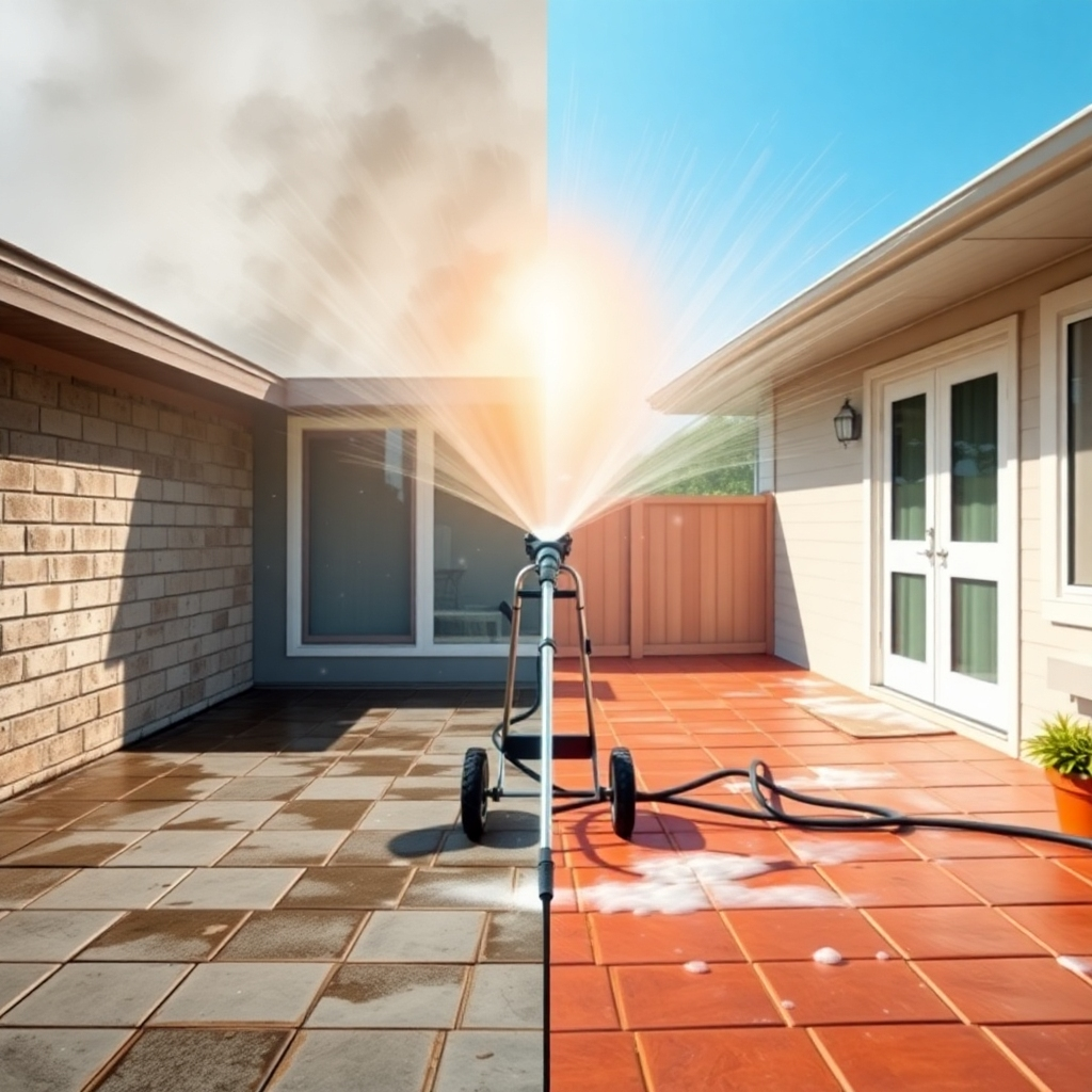 Create a stylized image showcasing the transformative power of pressure washing. The image should feature a split composition: on one side, a dirty and weathered patio, and on the other, a sparkling clean and refreshed patio after pressure washing. In the center, a radiant beam of light emanating from the pressure washing equipment symbolizes the cleaning process. The color palette should transition from muted and earthy tones on the dirty side to bright and vibrant colors on the clean side. Include subtle water droplets and shimmering effects to emphasize the cleaning action. The overall style should be clean, modern, and visually appealing, conveying the message of renewal and restoration. Aim for 4K resolution with high-quality detail.