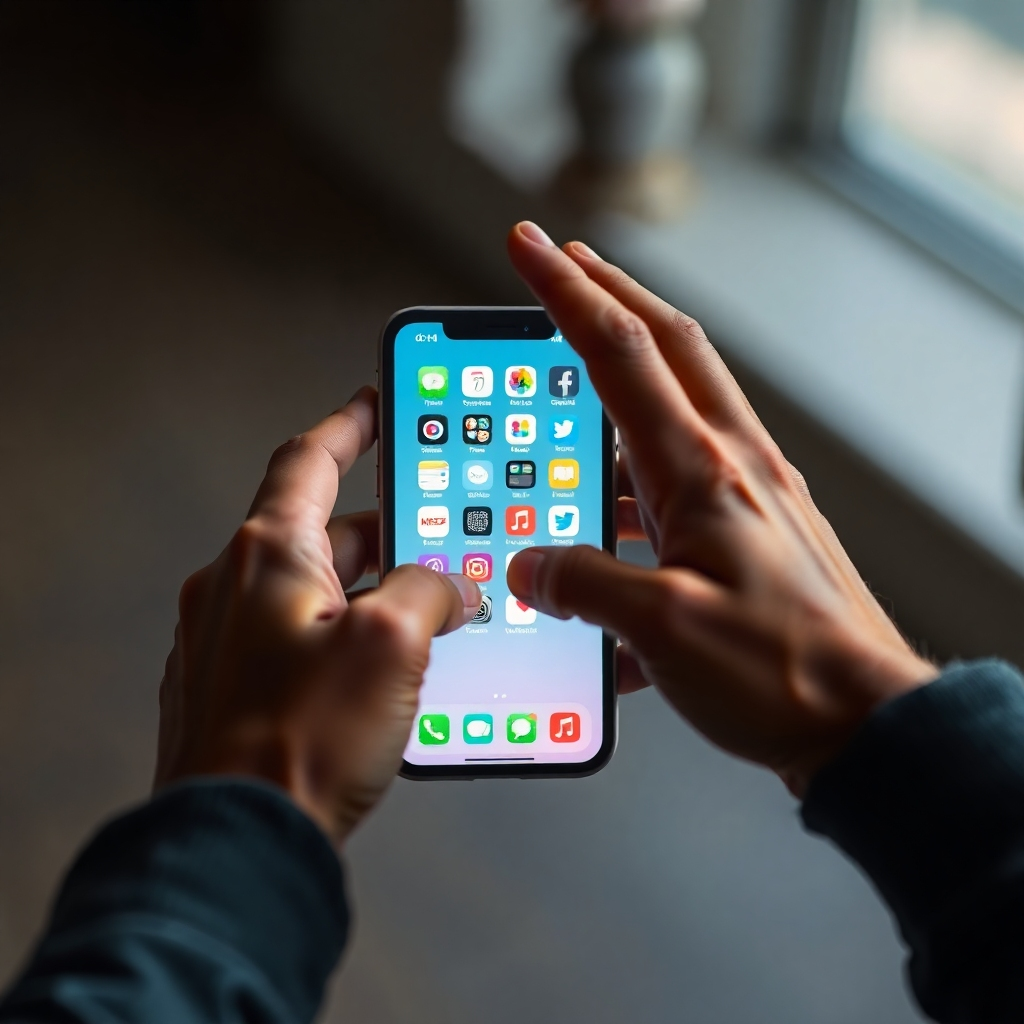 Hands reaching for a phone. On the screen are icons for social media, captured in 4k with emphasis on the bright screen.