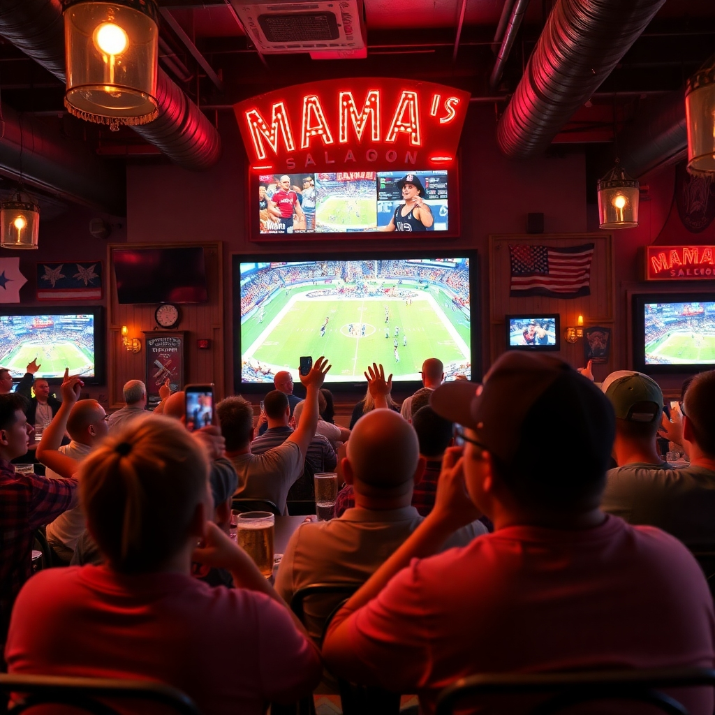 Patrons enthusiastically watching a sports game on a large screen at Mama's Saloon. The atmosphere is electric, with fans cheering and celebrating. Capture the passion and excitement of sports fandom. Photorealistic, 4k resolution.