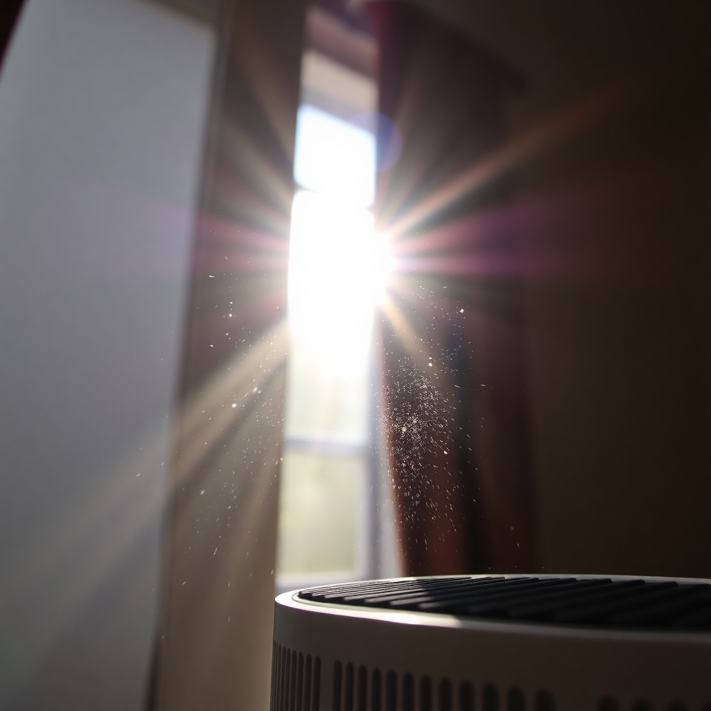 Sunlight streaming through a window, illuminating dust particles in the air, being caught by an air purifier. The scene highlights the importance of clean air in a healthy home. Style: Clean and bright, emphasizing the effectiveness of air purification. Camera angle: Close-up, focusing on the dust particles and the air purifier.