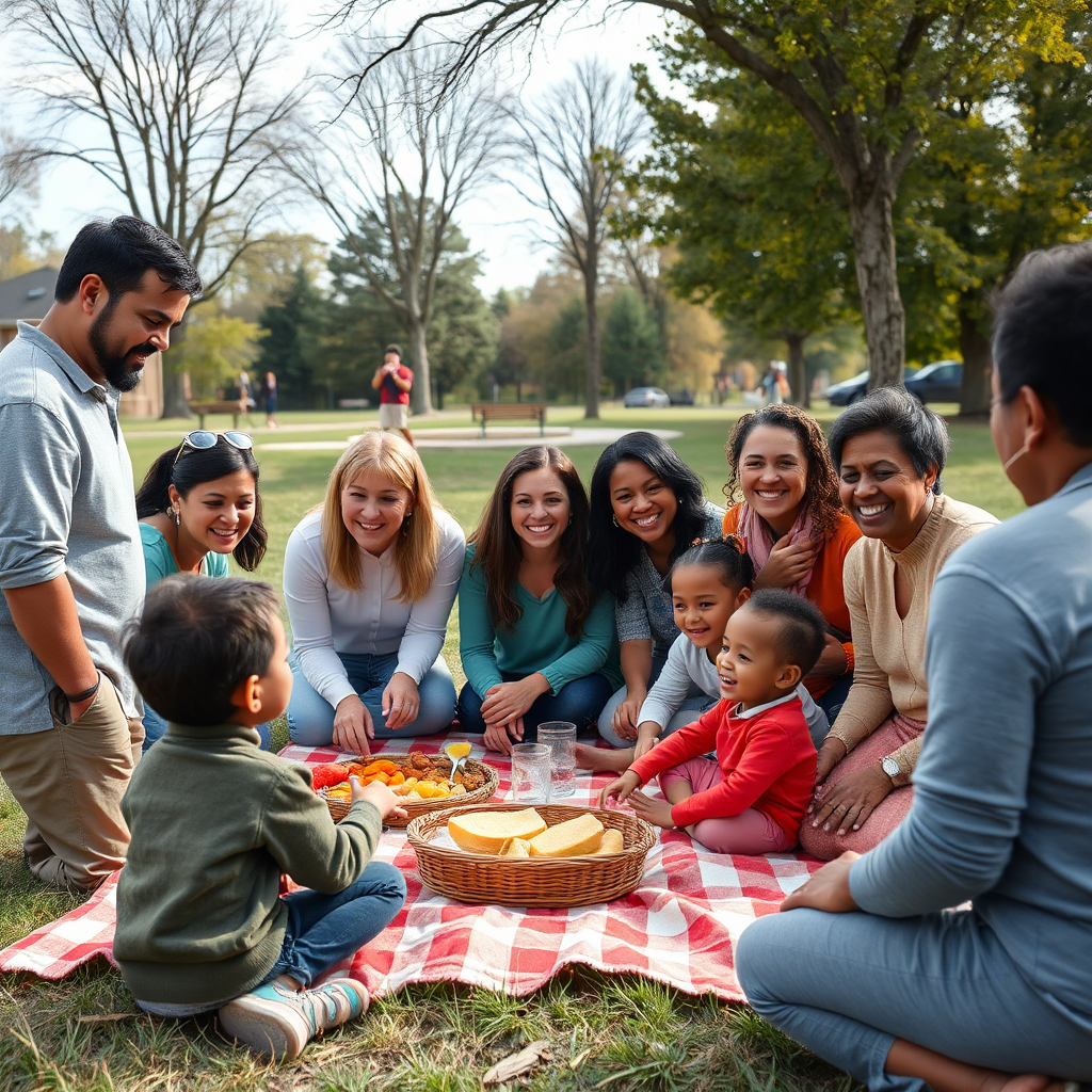 Volunteers from a church group interacting with community members at a local park. A picnic blanket, children playing, and genuine smiles create a warm and welcoming atmosphere. Showcase diversity and connection. 4K resolution, photorealistic.