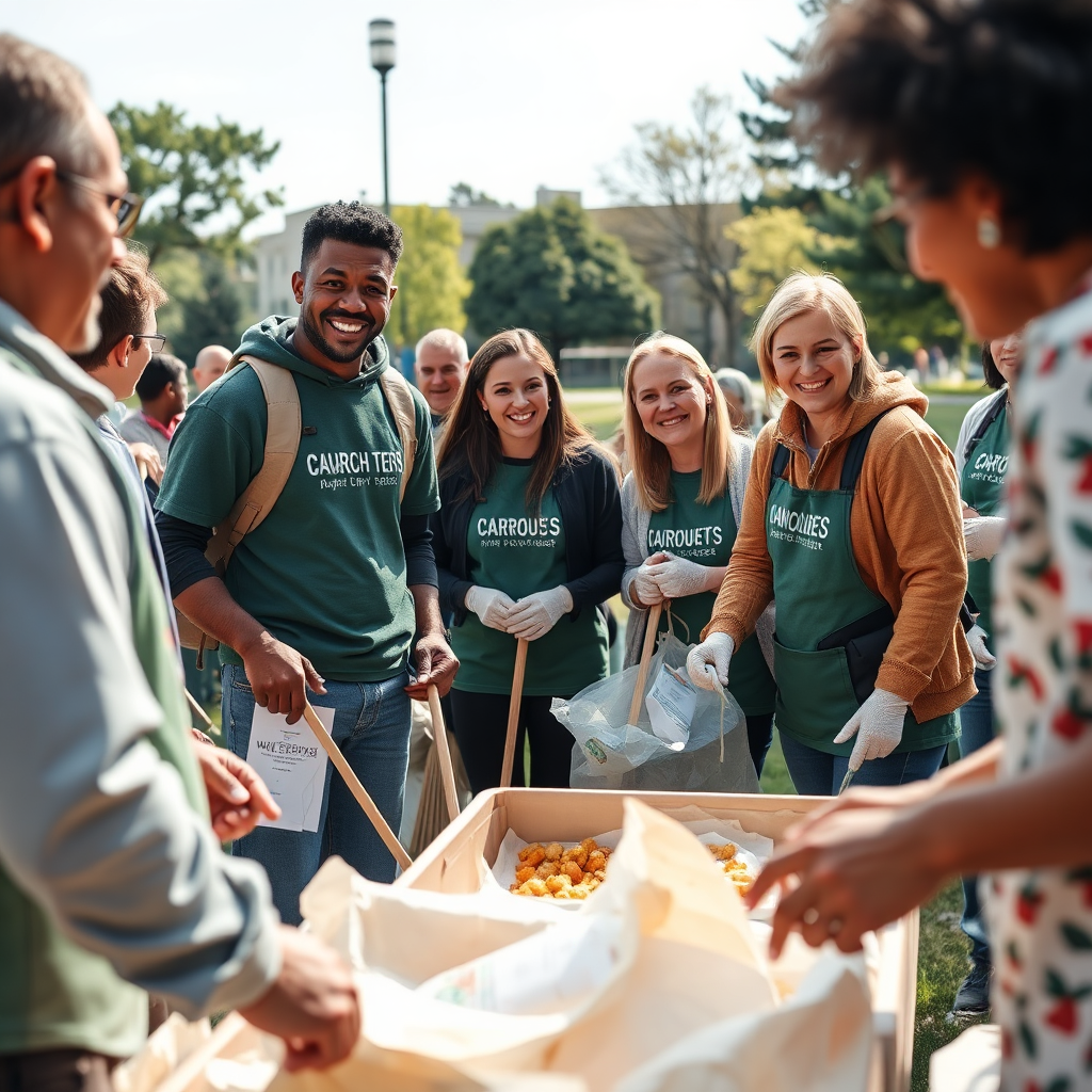 Volunteers from a church group participating in a community service project, such as cleaning up a local park or serving meals at a homeless shelter. The volunteers are smiling and interacting with community members. Vibrant colors. 4K resolution.