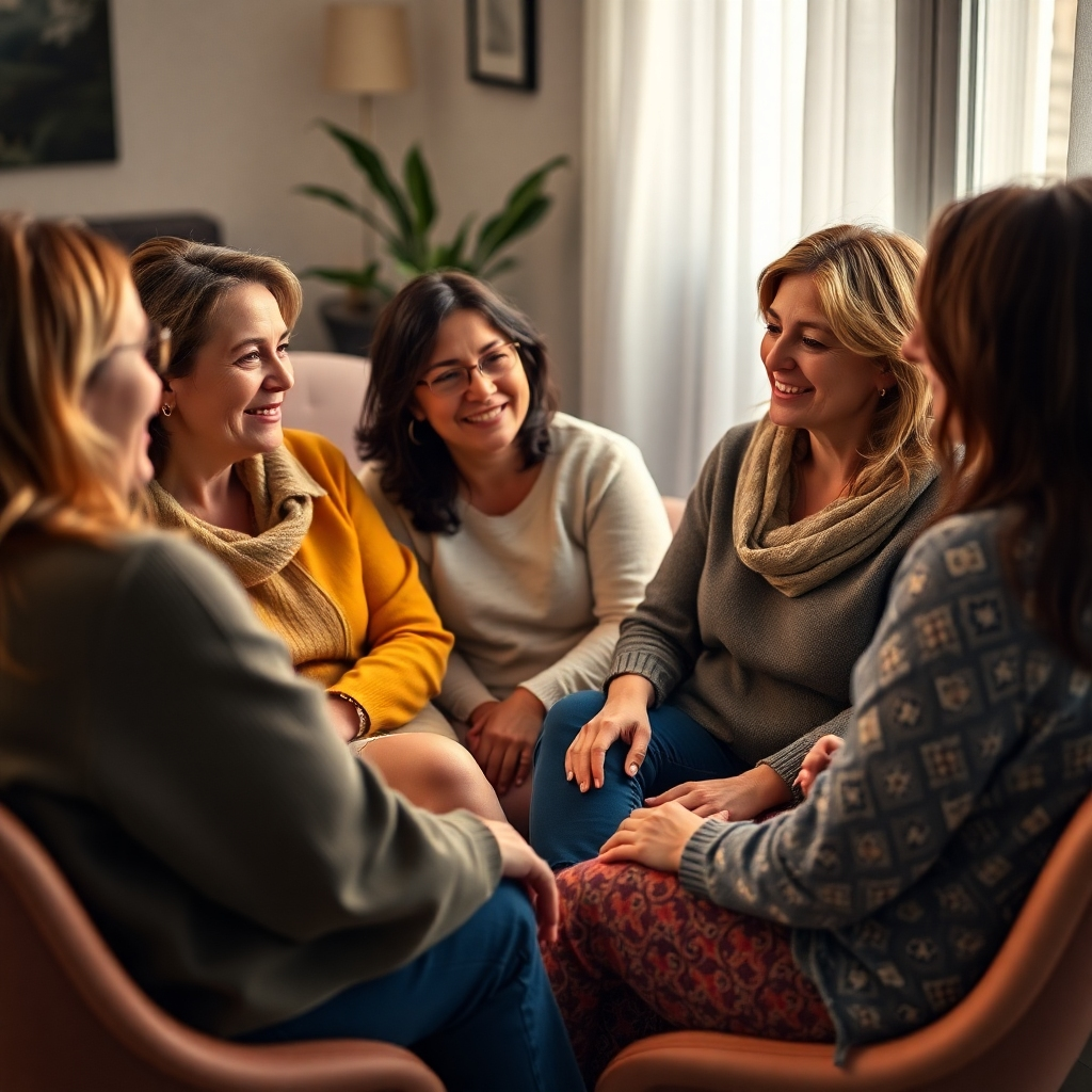 A circle of women sitting comfortably together, sharing stories and offering each other support. Focus on capturing genuine emotions and empathy. Style: soft, warm lighting, photorealistic. Technical specs: 4K resolution.