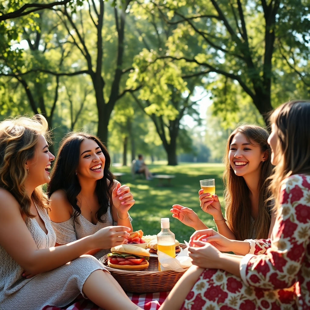 A photorealistic image capturing a group of women laughing and enjoying a picnic in a park. The atmosphere is light and joyful, with sunlight streaming through the trees. They are sharing food and stories, showcasing genuine camaraderie. Technical specs: 4K, high quality, vibrant colors.