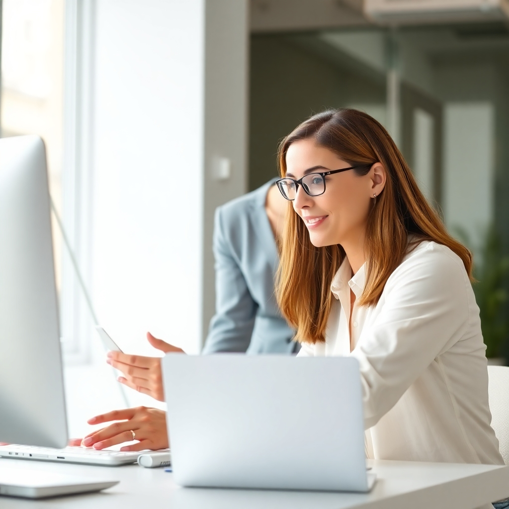 A photorealistic image of an older woman mentoring a younger woman in a bright, modern office. They are looking at a computer screen together, engaged in a productive conversation. The atmosphere is supportive and encouraging. Technical specs: 4K resolution, high quality.