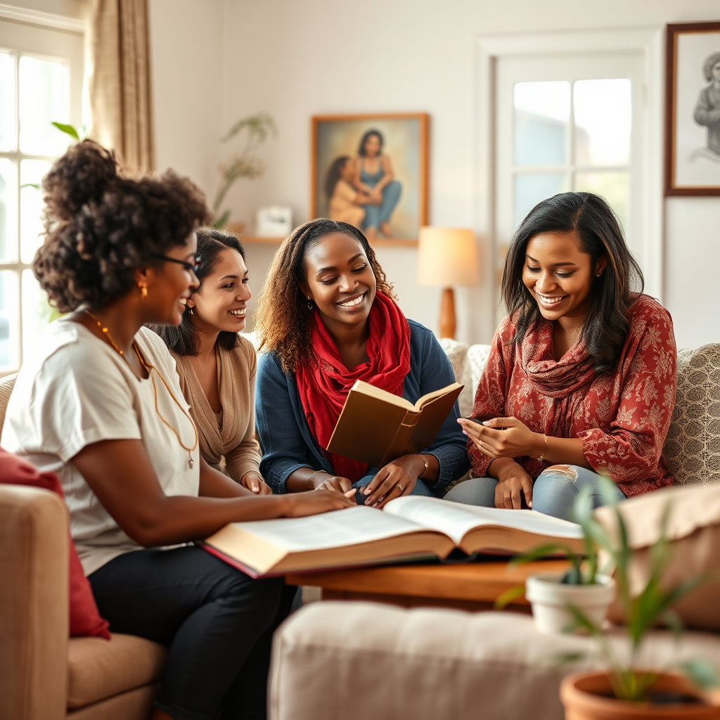 A warm, inviting scene of women gathered around a table with Bibles and study materials, soft lighting, and a sense of community and focused learning. Capture the details of the open Bibles, highlighting verses related to encouragement and support. Style: photorealistic, warm tones. Technical specs: 4K resolution.