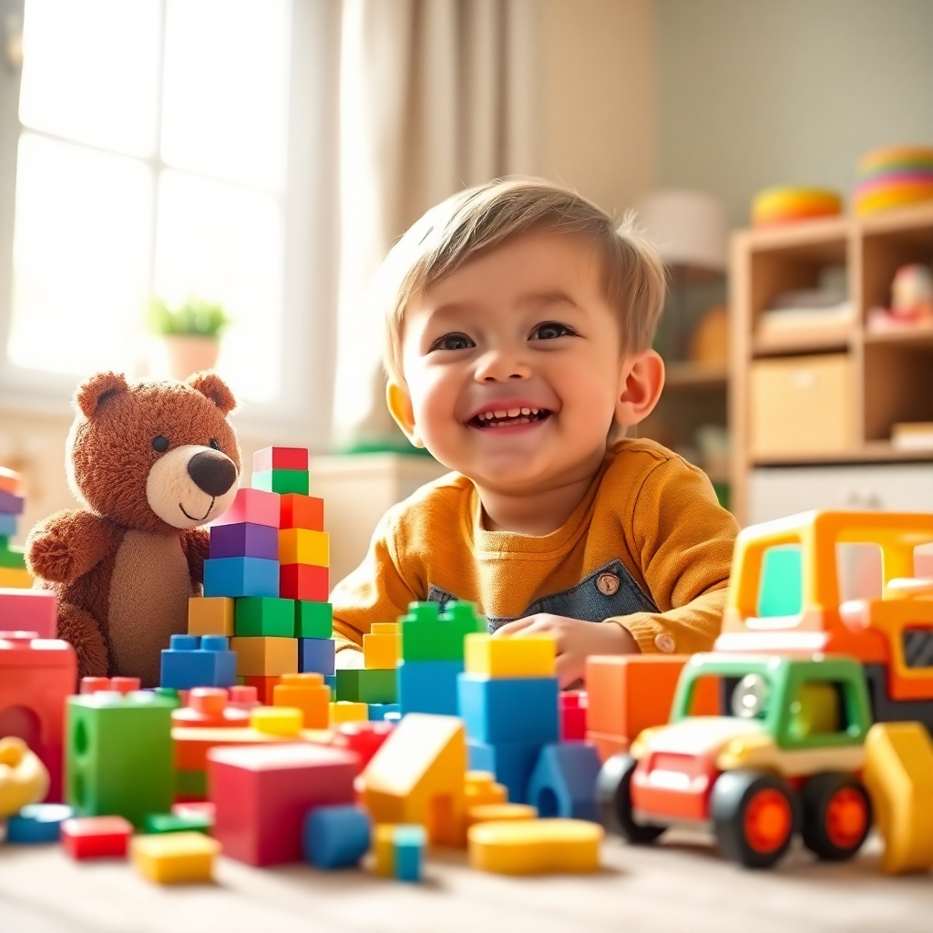 A 4K resolution image depicting a child happily playing with a selection of diverse toys. The scene is set in a brightly lit playroom with a focus on natural light streaming through a window. The child is smiling and engaged, surrounded by a variety of toys, including building blocks, a plush animal, and a toy car. The composition should emphasize the joy and creativity of play. The color palette should be warm and inviting, with a mix of primary and secondary colors. Camera angle should be slightly low, capturing the child's perspective and immersing the viewer in the scene. Texture details should highlight the tactile qualities of the toys, such as the softness of the plush animal and the smoothness of the building blocks. Style references include classic children's book illustrations, aiming for a heartwarming and nostalgic feel. The image should convey the message that toys are a valuable and enriching part of childhood.