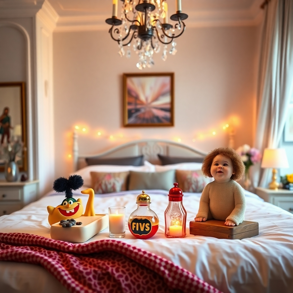 A beautifully decorated bedroom setting with strategically placed novelty items that suggest fun and playful interactions. The lighting is soft and inviting, with a romantic glow. The camera angle is a medium shot, capturing the entire scene. Focus on creating a sensual and inviting atmosphere. 4K resolution.