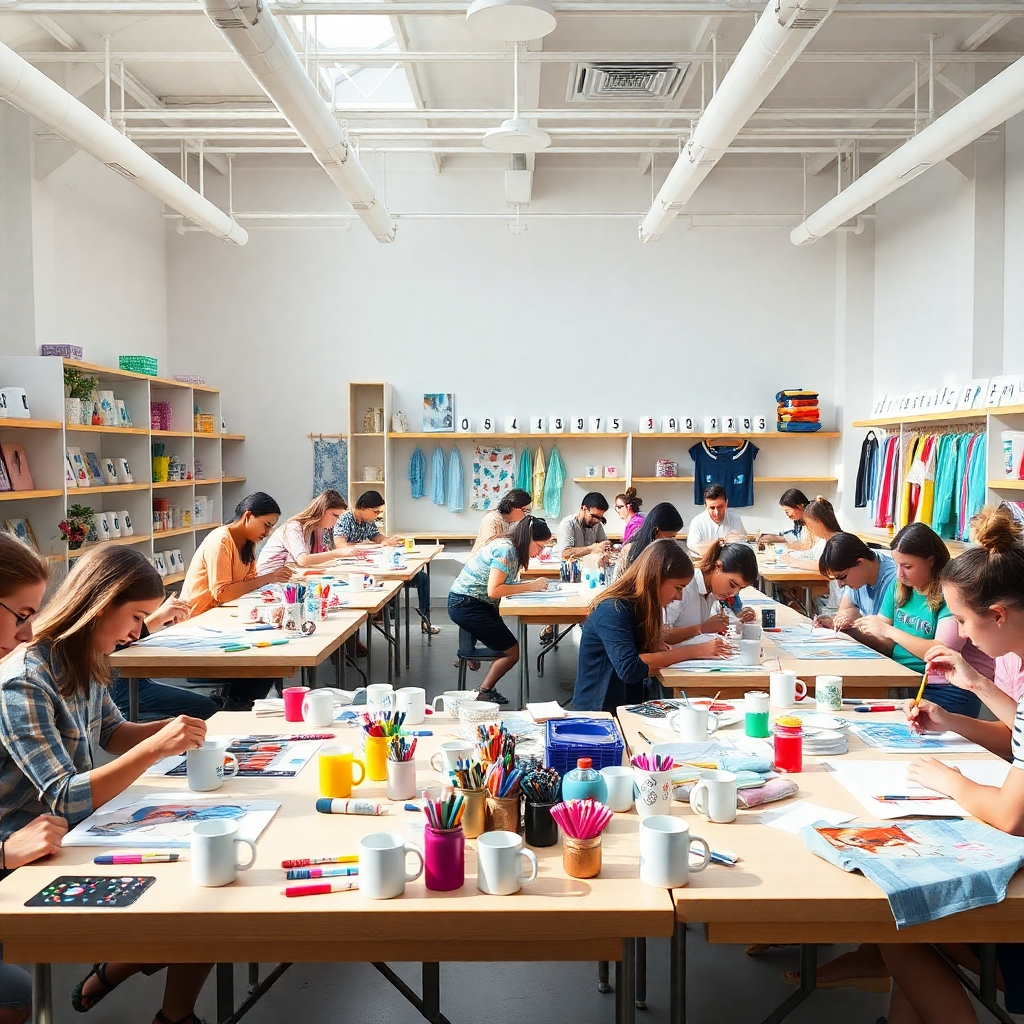 A bright and spacious workshop filled with participants designing their own custom mugs and beach towels. Tables are covered with art supplies, including paints, markers, and stencils. Completed mugs and towels are displayed on shelves, showcasing the participants' creativity. The lighting is natural and abundant, creating a welcoming and inspiring atmosphere. The color palette is vibrant and diverse, reflecting the participants' individual styles. Style reference: A modern, educational setting with a focus on capturing the learning experience. Technical Specs: 4K resolution, photorealistic.