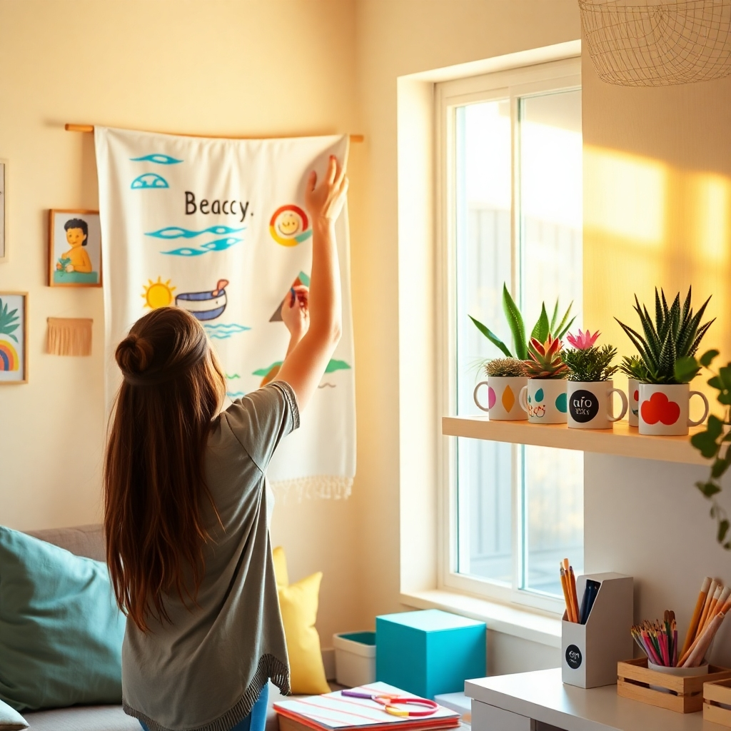 A brightly lit room featuring a young woman happily decorating her living room. She's hanging a personalized beach towel with a vibrant, childlike drawing on the wall. On a nearby shelf, there are several custom-printed mugs filled with colorful plants. The atmosphere is cheerful and creative, with crafting supplies scattered around. The lighting is natural and warm, creating a cozy ambiance. The color palette is playful and vibrant, with pops of color from the artwork and plants. Style reference: Modern bohemian with a touch of DIY spirit. The composition should convey a sense of personal expression and creativity. Technical Specs: 4K resolution, photorealistic.