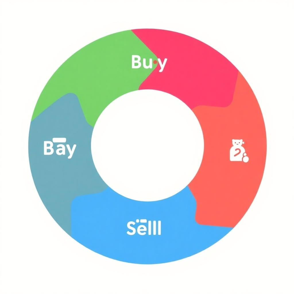 A circular diagram visually representing the cycle of buying, playing, and selling toys. The diagram is divided into three sections, each representing a stage in the cycle: 'Buy,' 'Play,' and 'Sell.' Each section is accompanied by an icon representing the corresponding activity. The style is clean and modern, with a focus on visual clarity. The color palette should be bright and cheerful, using a mix of primary and secondary colors. The diagram should convey the message that toys can be both a source of enjoyment and a valuable asset. Simple graphics, flat design.