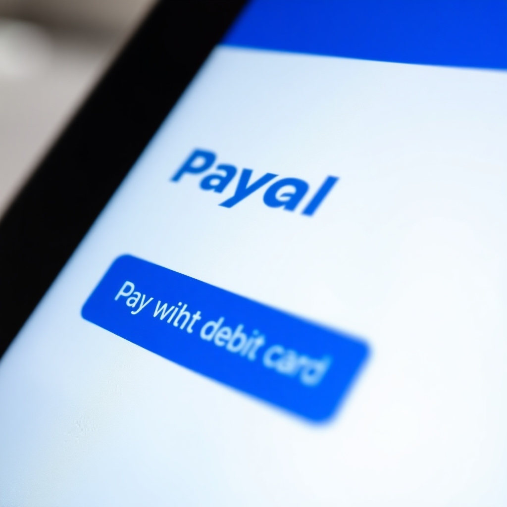 A close-up of the PayPal login screen, clearly highlighting the 'Pay with Debit or Credit Card' option. The focus is on the alternative payment method. Lighting is soft and clear. Color palette is PayPal's signature blue and white. Technical specs: 4K resolution, clean and crisp text.