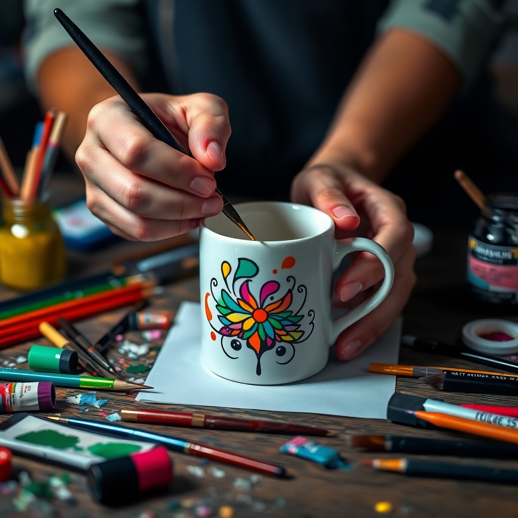 A close-up shot of a person painting a custom design onto a mug. Paintbrushes, paints, and other art supplies are scattered around the table. The lighting is focused and precise, highlighting the artist's technique and the vibrant colors. The color palette is diverse and expressive, reflecting the artist's unique style. Style reference: A modern, artistic style with a focus on detail. Technical Specs: 4K resolution, photorealistic.