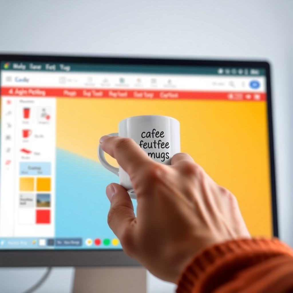 A close-up shot showcasing a hand designing a mug on a computer screen. The screen displays a user-friendly design interface with options for uploading images, adding text, and choosing colors. The lighting is bright and clear, highlighting the details of the design process. The color palette is vibrant and engaging, reflecting the creative possibilities. Style reference: A modern, tech-focused image with a clean and user-friendly aesthetic. Technical Specs: 4K resolution, photorealistic.