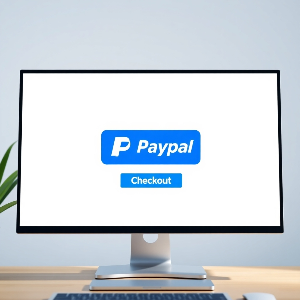 A computer screen displaying an online shopping cart with items and a prominent 'PayPal Checkout' button. The scene should convey the first step of the checkout process. Lighting is bright and clear. The color palette is generic and represents typical e-commerce websites. Technical specs: 4K resolution, photorealistic rendering.