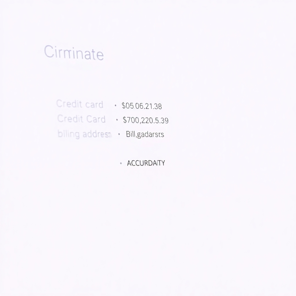 A confirmation screen displaying a summary of the purchase details, including credit card information and billing address. The scene conveys accuracy and security. The color palette is calm and reassuring. Lighting is soft and even. Technical specs: 4K resolution, clear and legible text.