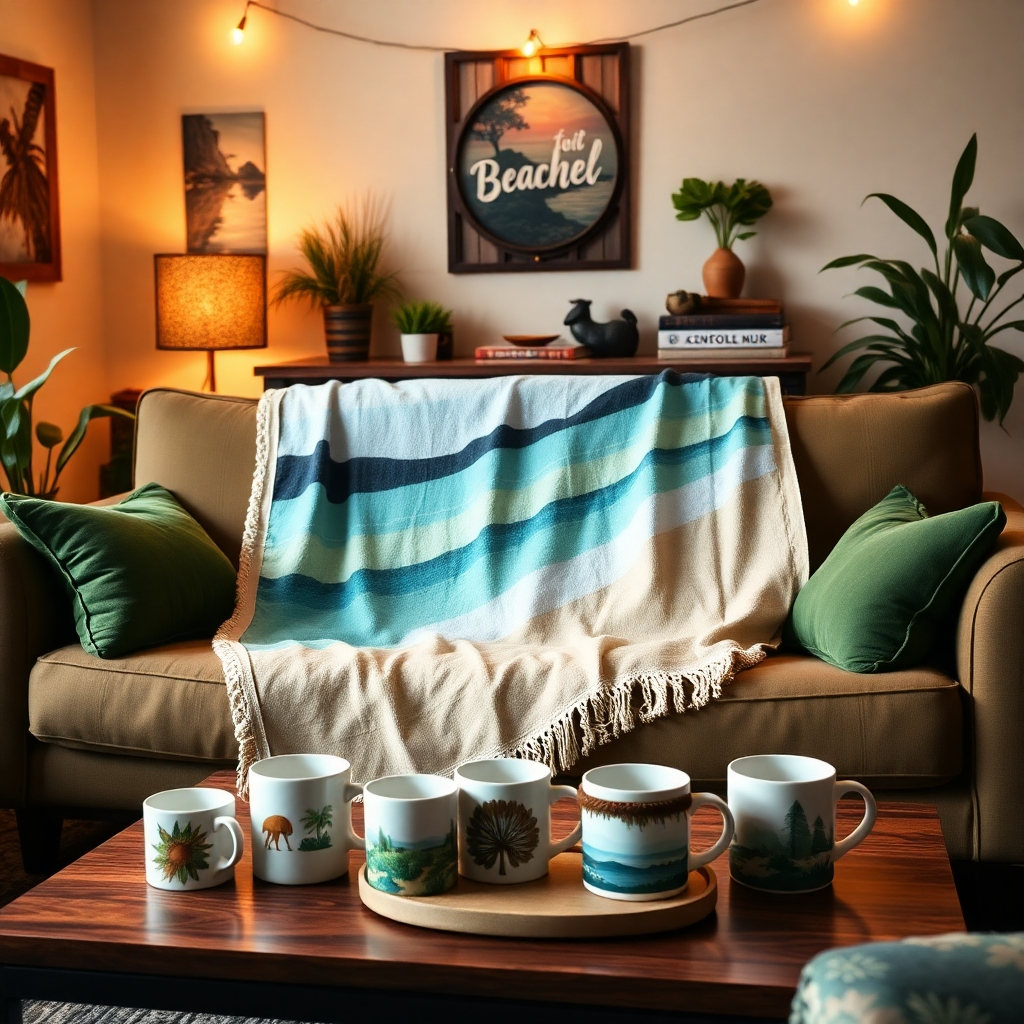 A cozy living room decorated with themed items. A custom-printed beach towel featuring a nature scene is draped over the sofa. Several mugs with nature-themed designs are displayed on the coffee table. The lighting is warm and inviting, creating a relaxing atmosphere. The color palette is earthy and natural, with greens, browns, and blues dominating the scene. Style reference: A modern, bohemian style with a focus on personal expression. Technical Specs: 4K resolution, photorealistic.