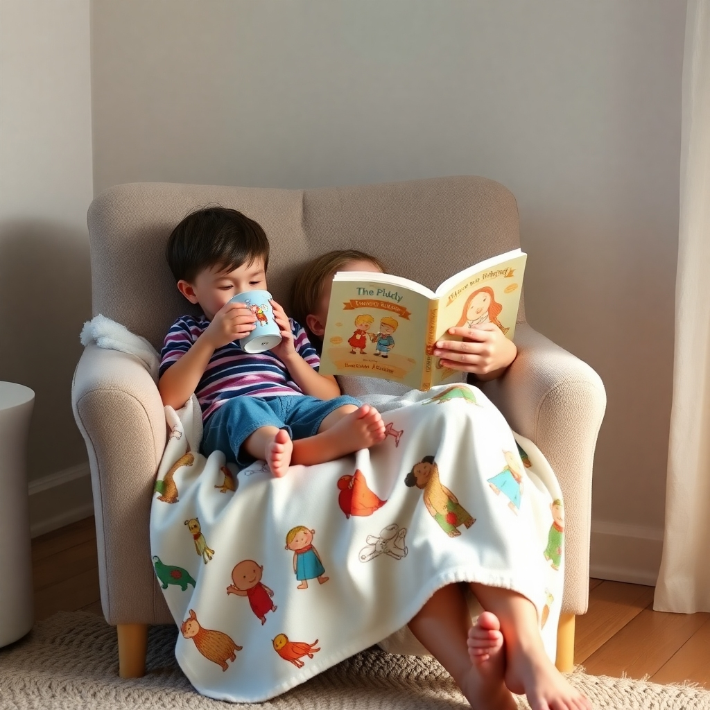 A cozy scene featuring a parent reading to their child. They are sitting on a comfortable chair draped with a custom-printed beach towel featuring illustrations from their favorite storybook. Both are sipping from mugs with characters from the same story. The lighting is soft and warm, creating a soothing and inviting atmosphere. The color palette is gentle and comforting, with muted tones and pops of color from the book and custom items. Style reference: A heartwarming, lifestyle shot with a focus on emotion. Technical Specs: 4K resolution, photorealistic.