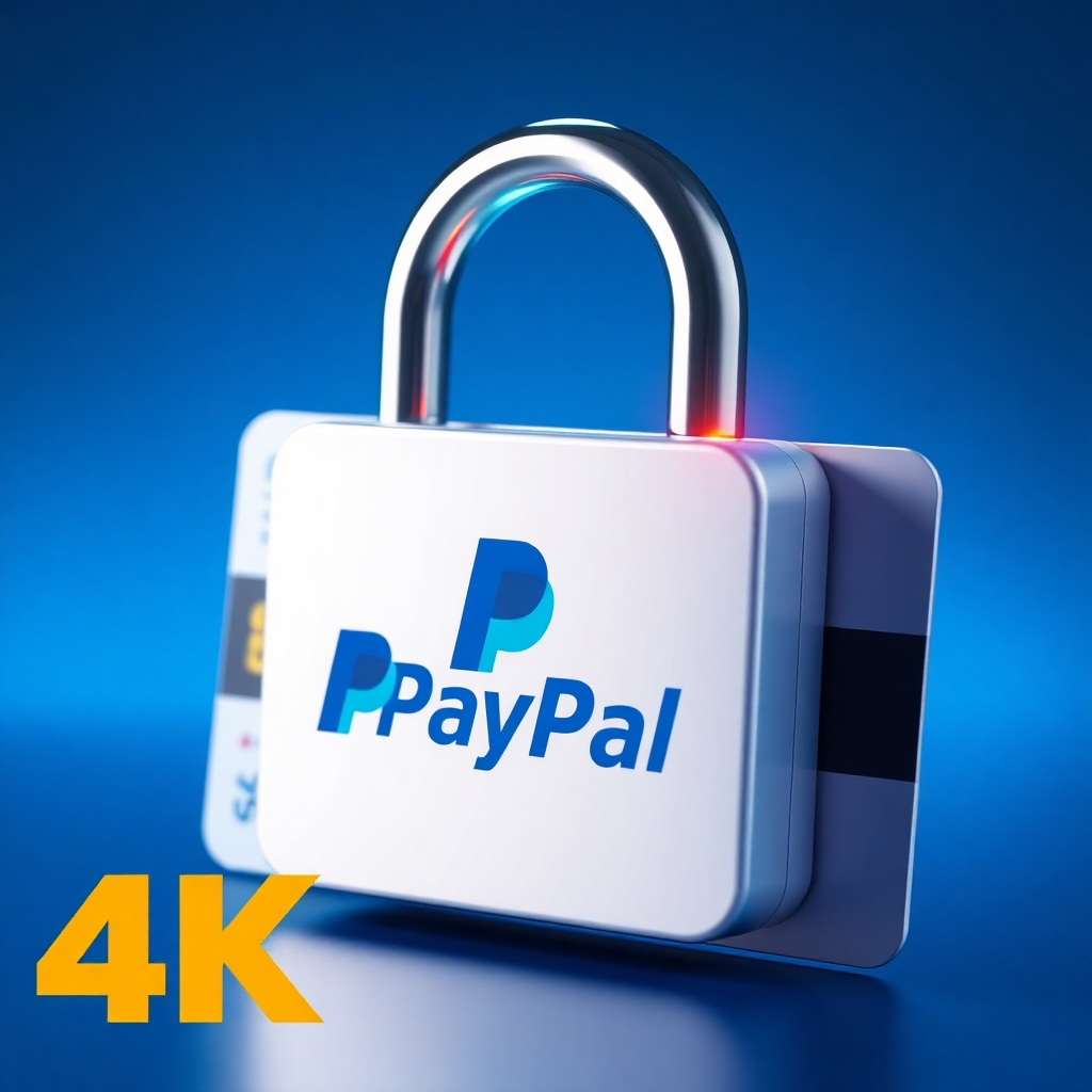 A digital padlock protecting a credit card, representing secure online transactions powered by PayPal. The scene conveys safety and trust. The color palette is blue, white, and green. Lighting is dramatic and highlights the security features. Technical specs: 4K resolution, high-quality rendering.