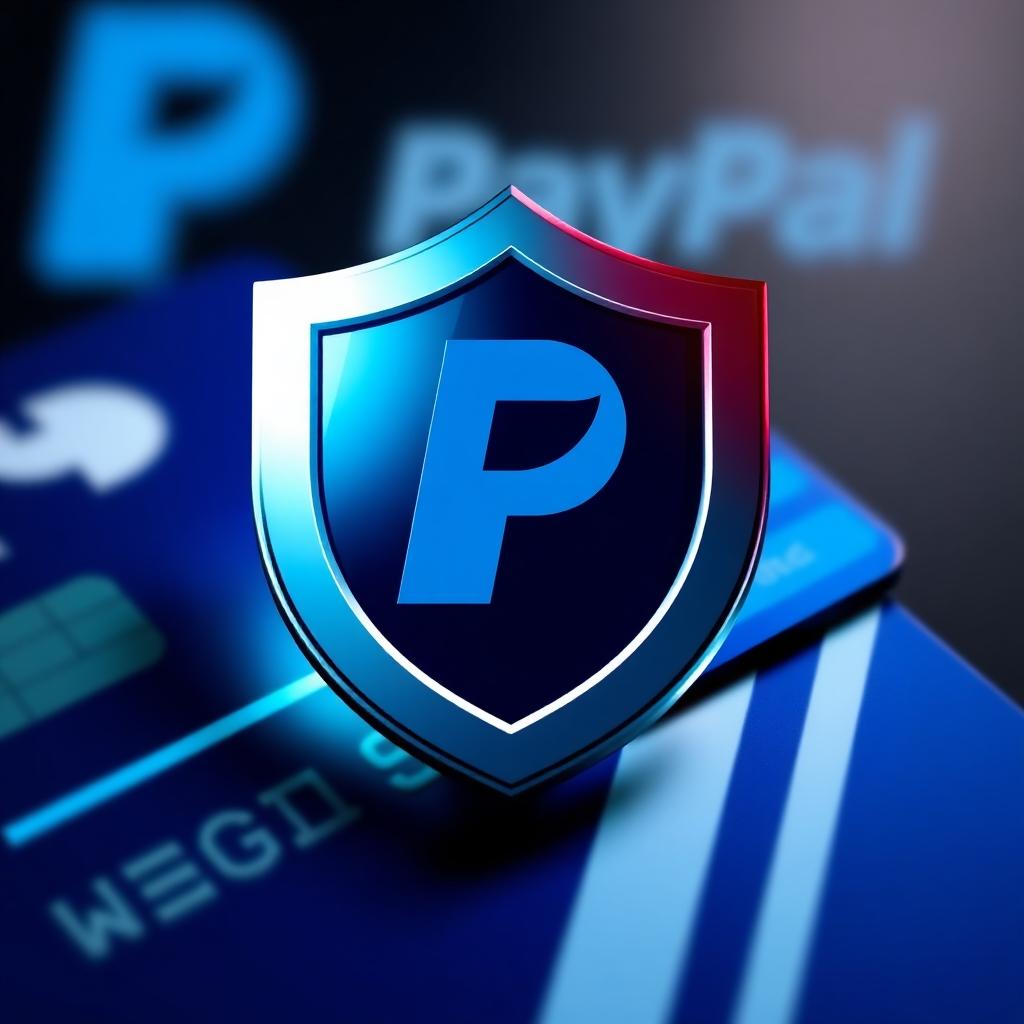 A digital shield icon overlapping a credit card, with the PayPal logo subtly visible in the background. The shield symbolizes security and protection. Color palette is blue, white, and green. Lighting is dramatic and highlights the shield. Technical specs: 4K resolution, high-quality vector graphics.