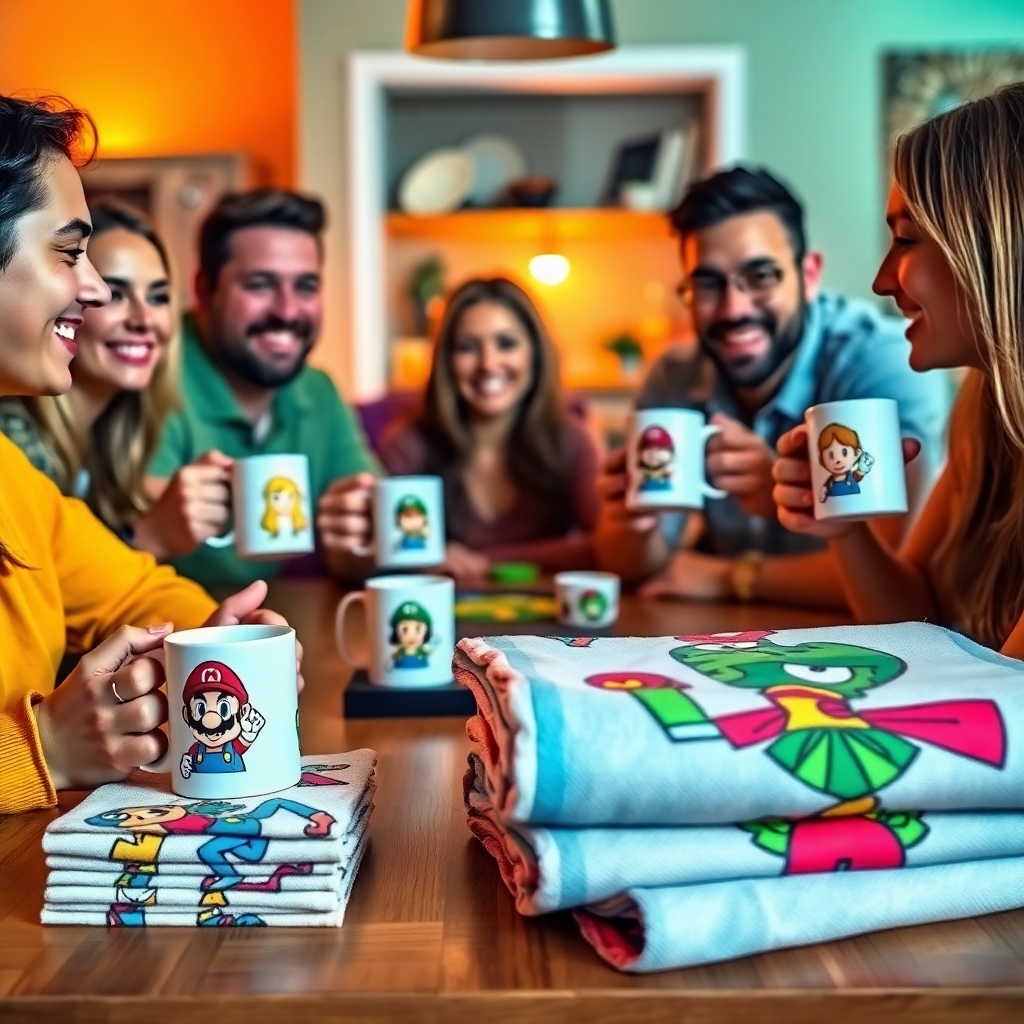 A group of friends gathered around a table for a game night. Each person has a custom-printed mug featuring characters from their favorite video game. A stack of personalized beach towels with game-themed designs is nearby. The room is warmly lit, creating a cozy and inviting atmosphere. The color palette is vibrant and playful, with pops of color from the game pieces and custom items. The composition should convey a sense of fun and camaraderie. Style reference: A modern, lifestyle shot with a focus on detail. Technical Specs: 4K resolution, photorealistic.
