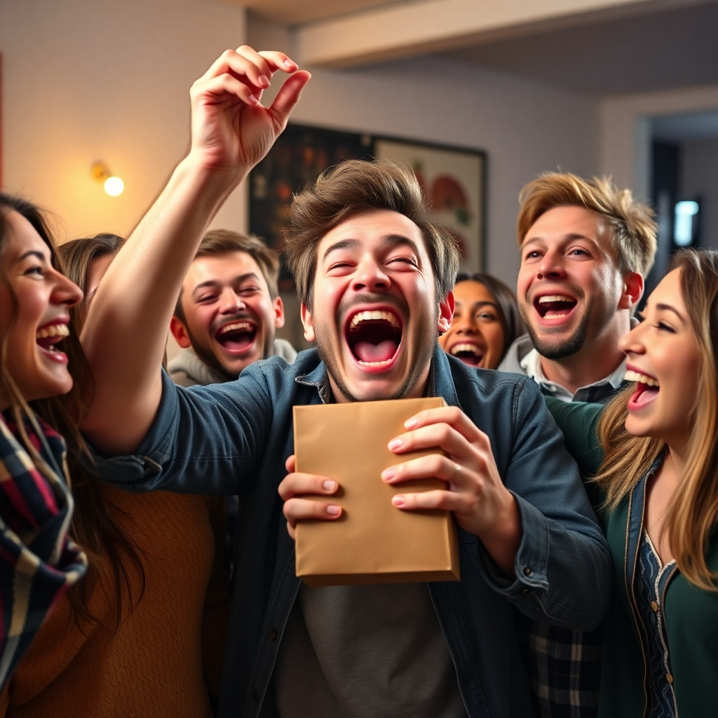 A group of friends laughing hysterically while one person holds up a ridiculous, oversized novelty item. The lighting is bright and cheerful, capturing the joy of the moment. The camera angle is a wide shot, capturing the entire group. Focus on the facial expressions and the details of the gag gift. 4K resolution.