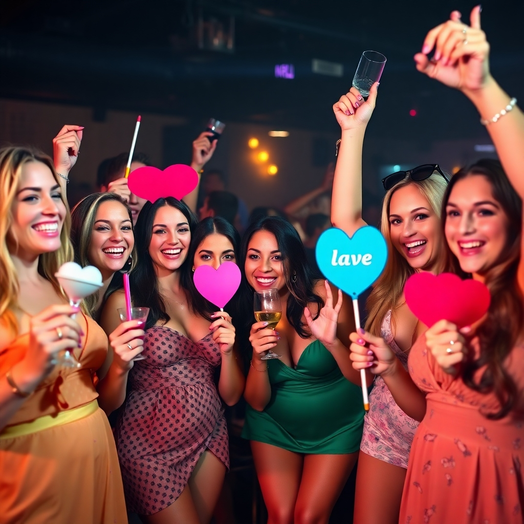 A group of women celebrating at a bachelorette party, holding up playful novelty items. Bright, energetic lighting. Capture the excitement and camaraderie of the event. 4k resolution.